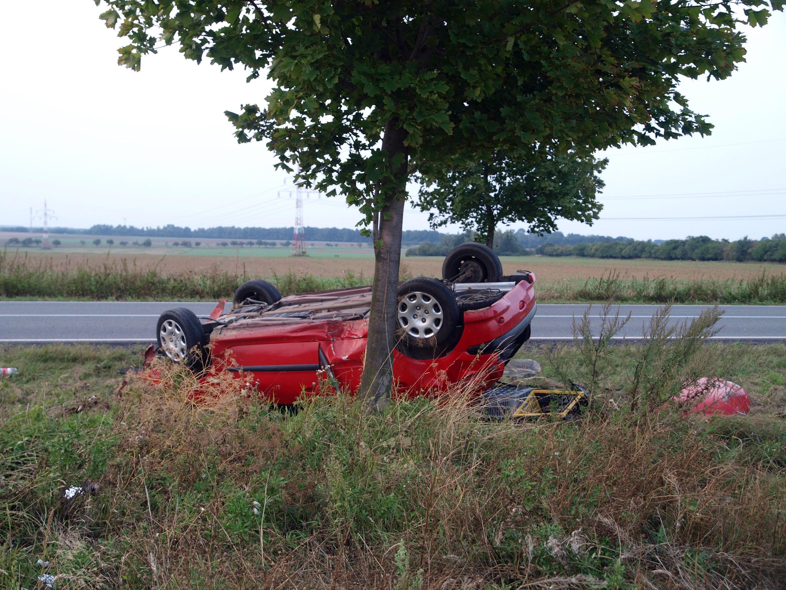 Zdemolované auto 1 - Řidička narazila do stromu, ze zdemolovaného auta utekla pryč (1/5)
