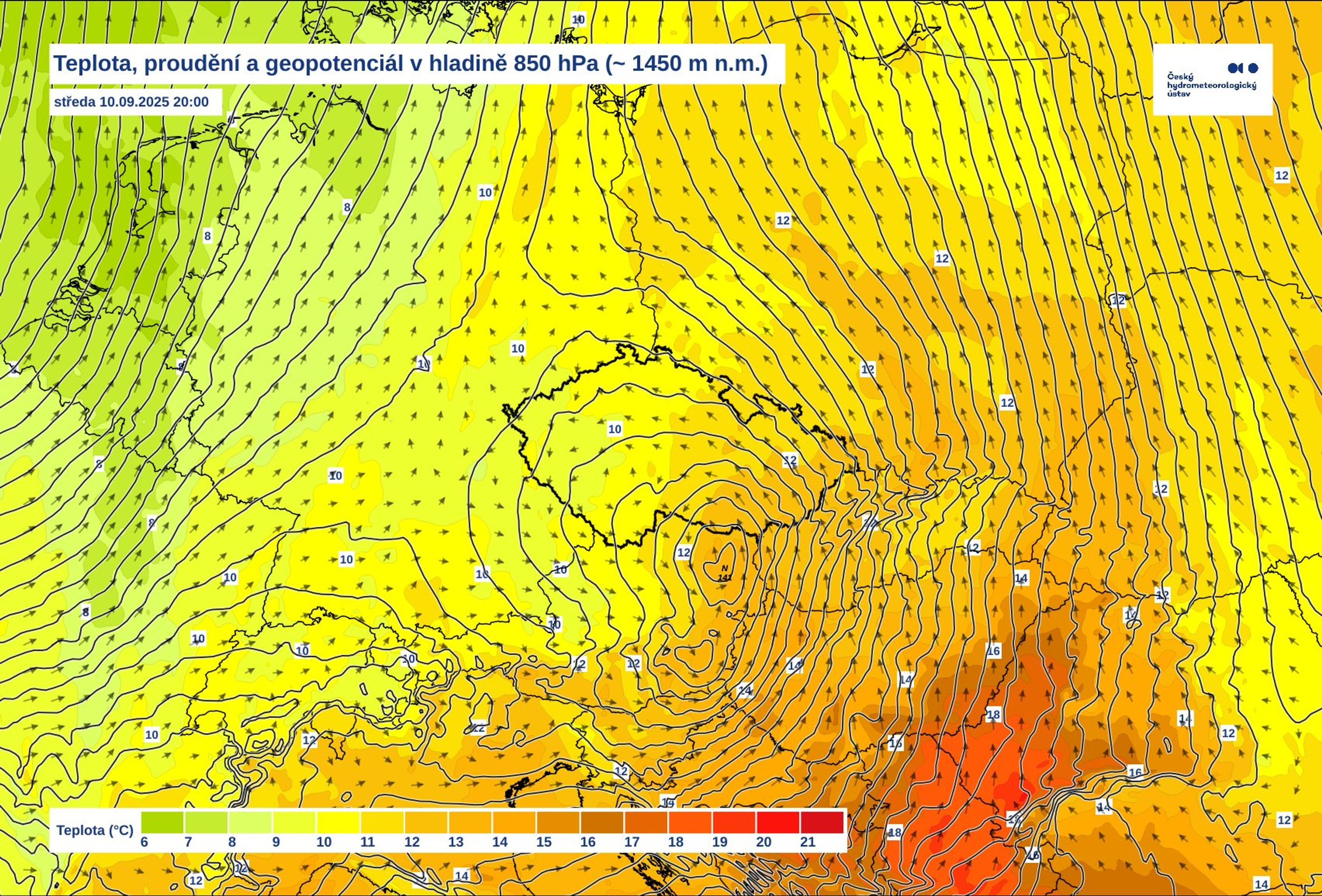 Teplota, proudění a geopotenciál v hladině 850 hPa - Předpověď počasí (1/3)