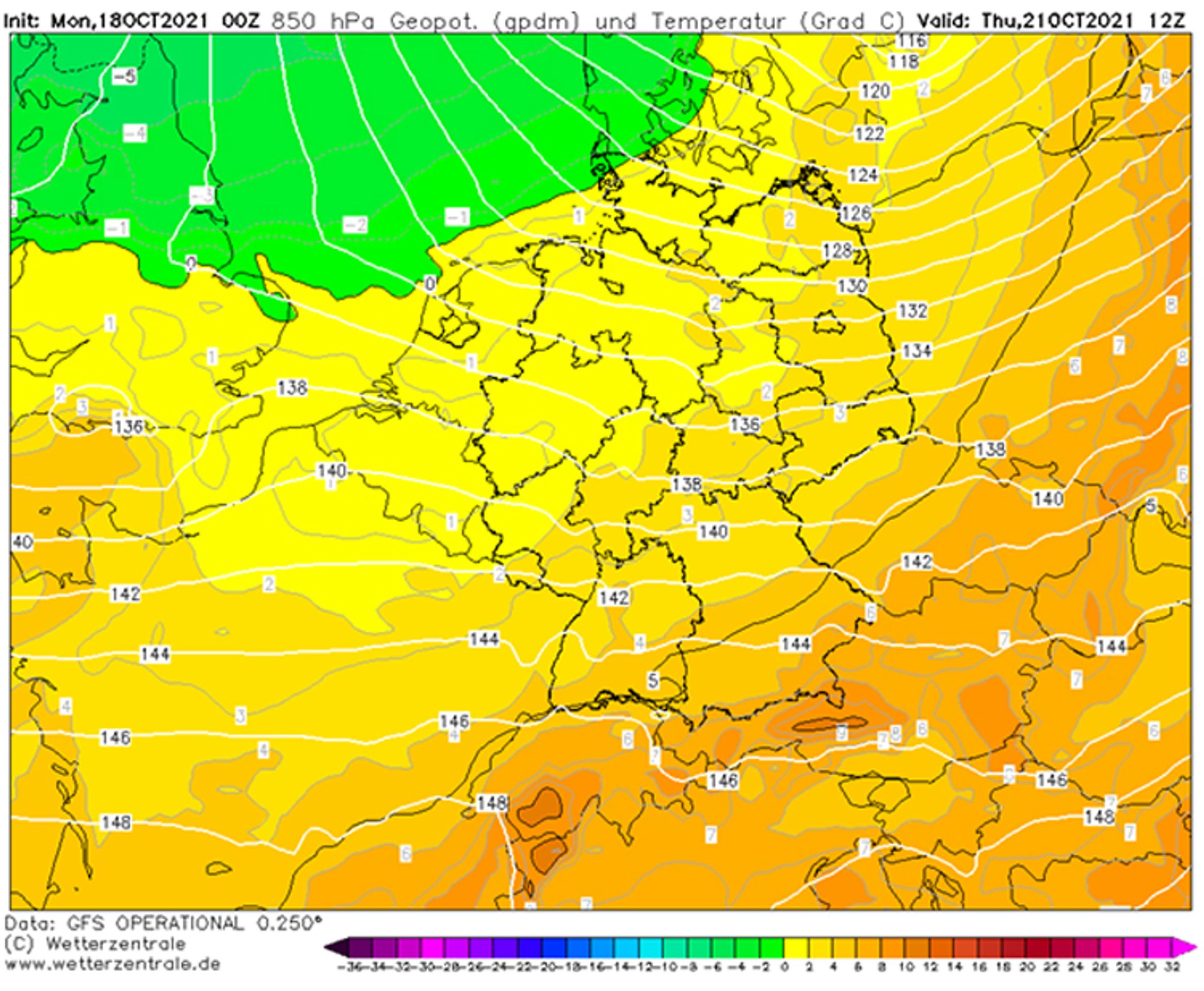 Teplota v hladině 850 hPa ve čtvrtek - Počasí (1/3)