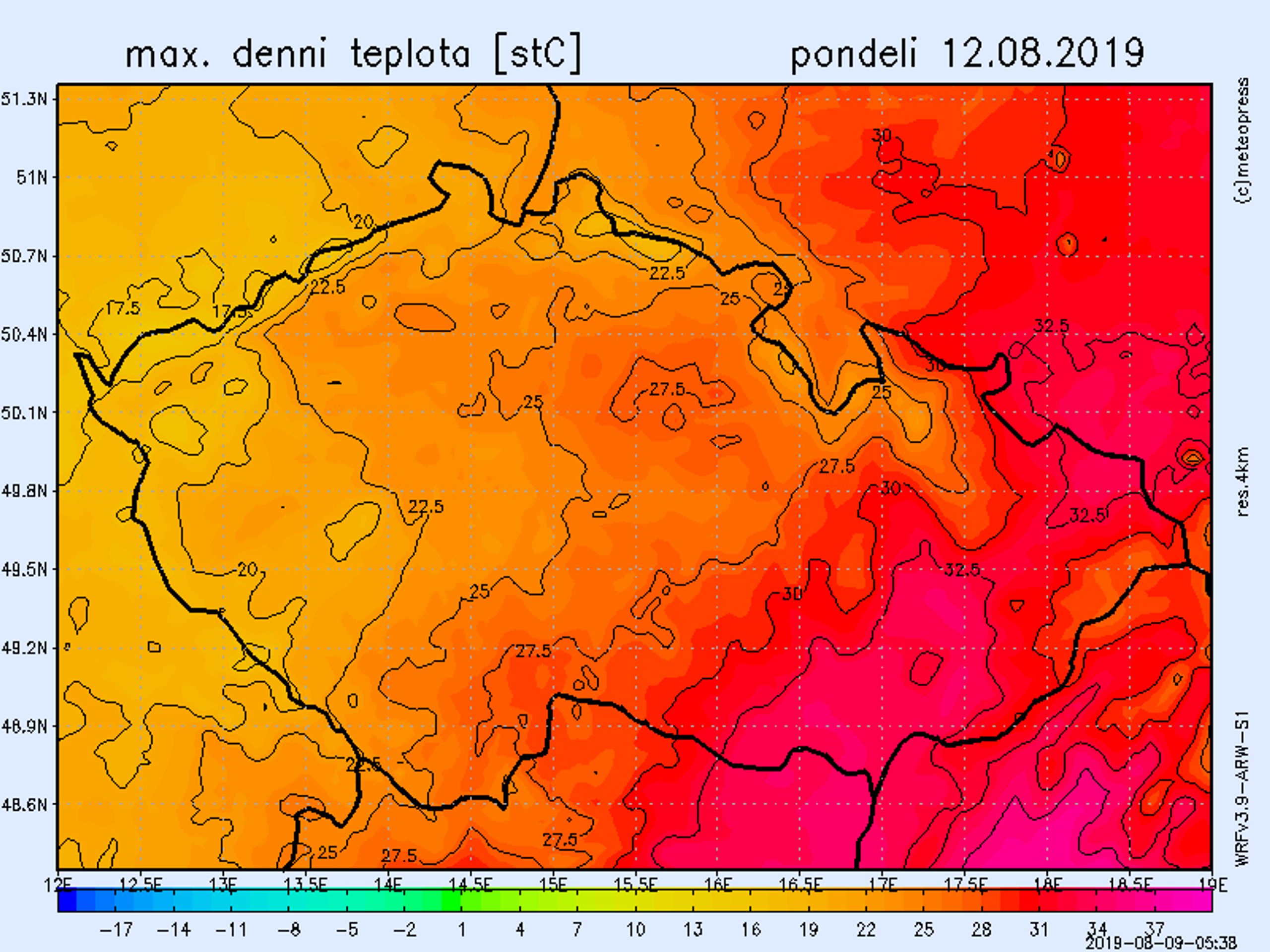 Teplotní mapa - pondělí 12. 8. 2019 - GALERIE: Teplotní mapy (4/4)