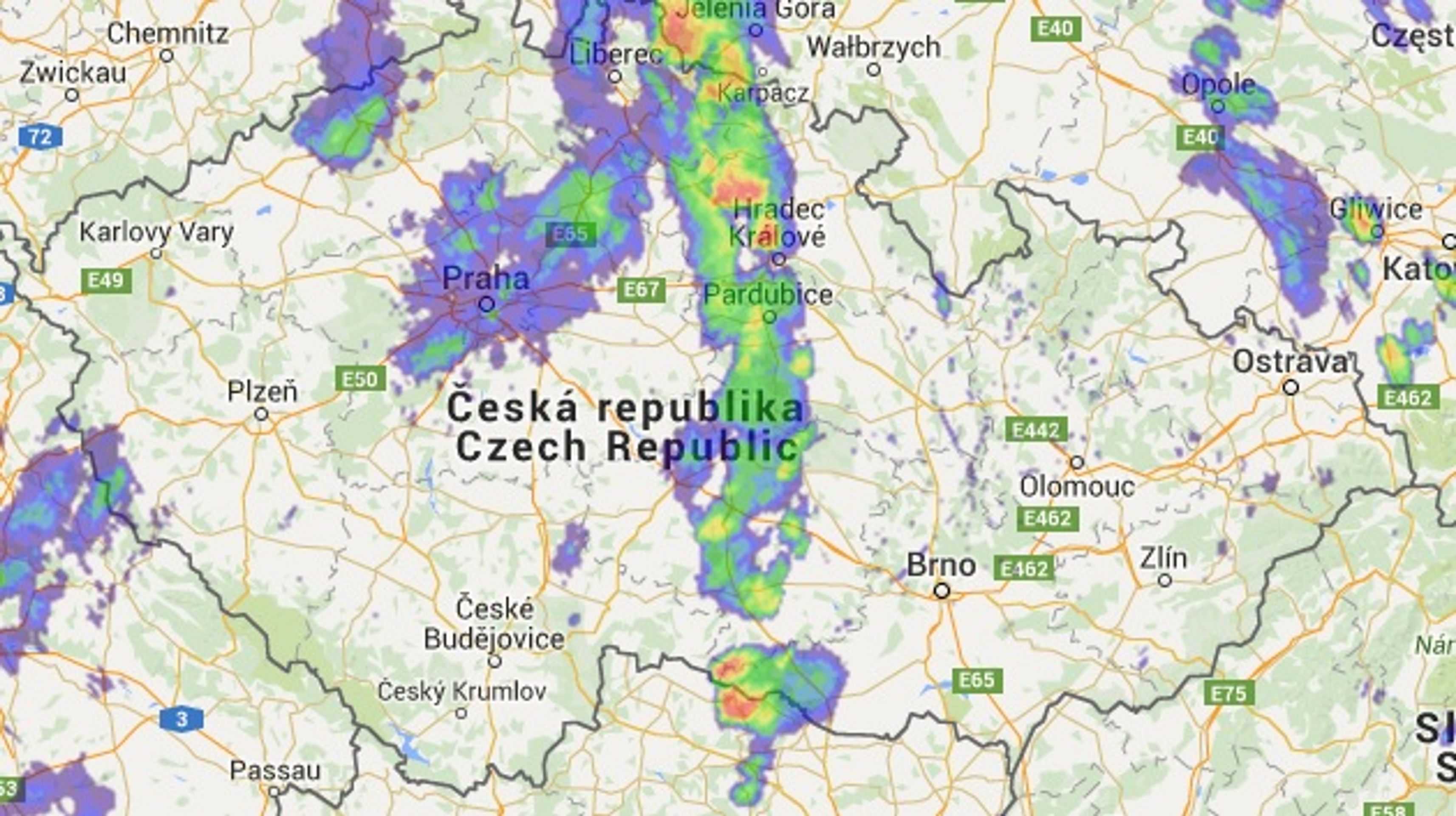 Meteoradar ve 14:30 hodin - GALERIE: Srážky nad Českem (4/6)