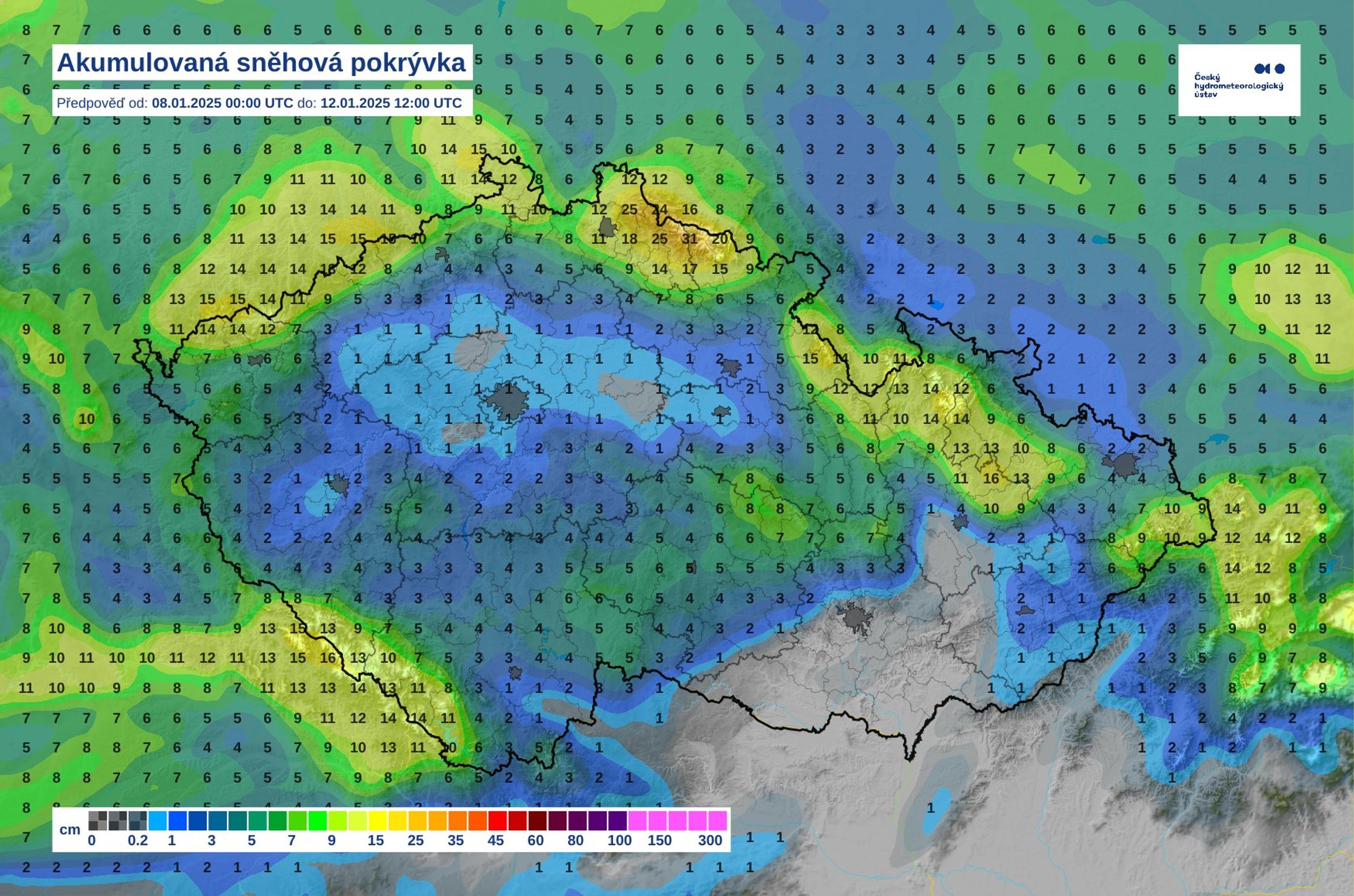 Akumulovaná sněhová pokrývka, od 8. 1. do 12. 1. - Předpověď počasí (3/3)