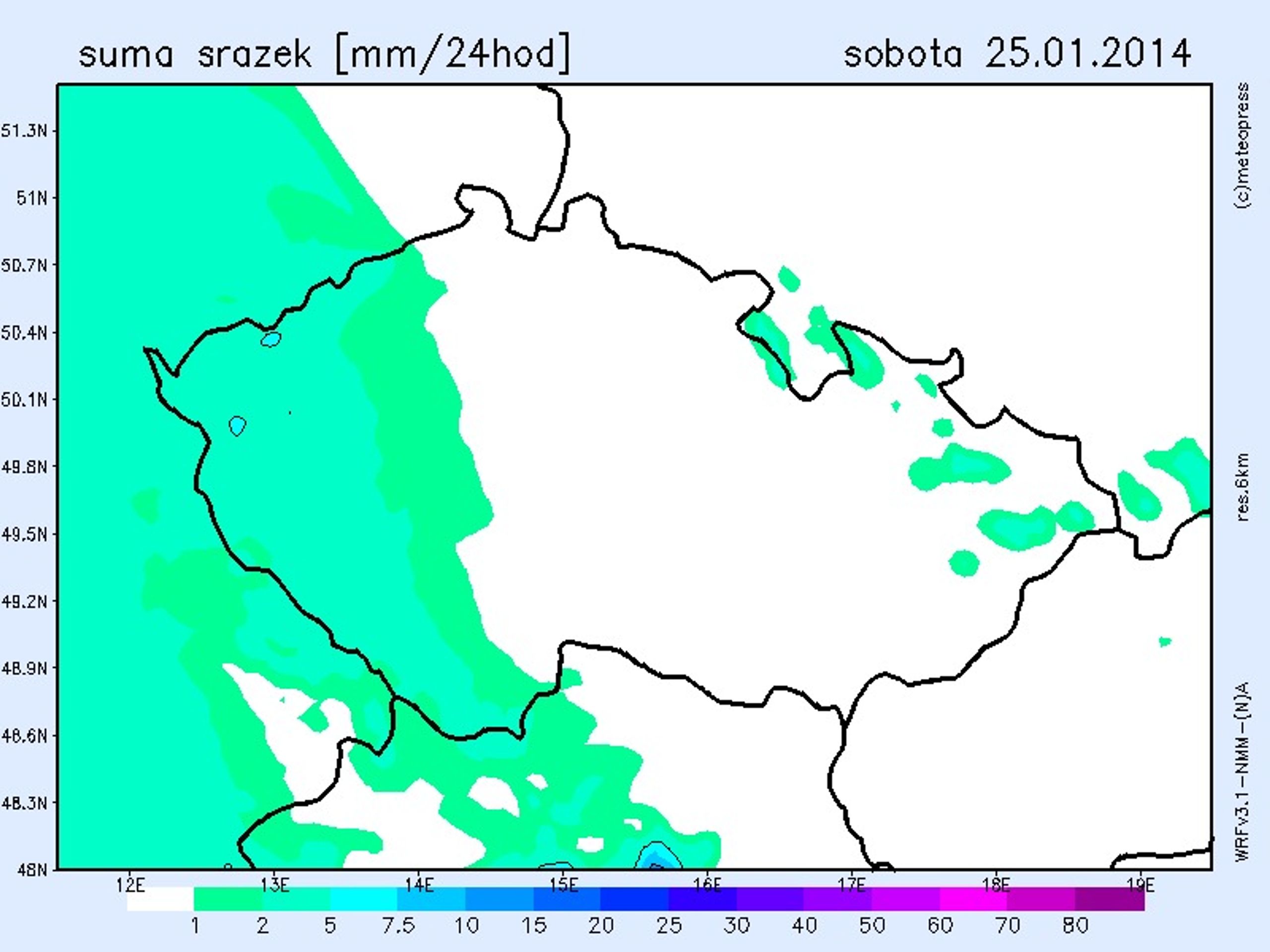 Mapa úhrnu srážek - leden 2014 - 2 - GALERIE: Mapy srážek do konce týdne (3/4)