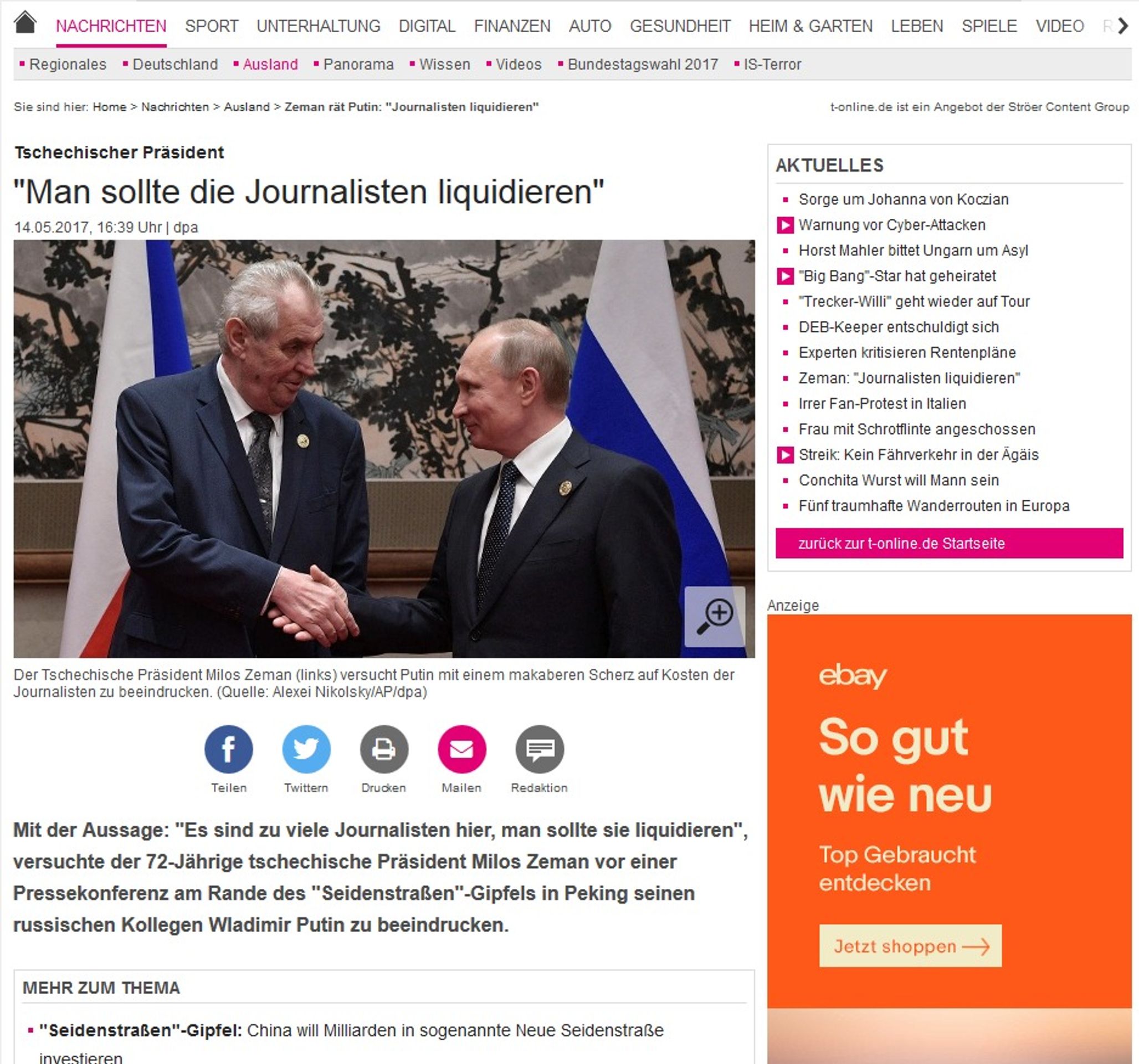Světová média: Zeman žertoval s Putinem o likvidaci novinářů - 9 - GALERIE: Světová média informují o Zemanově žertu s likvidací novinářů (2/10)