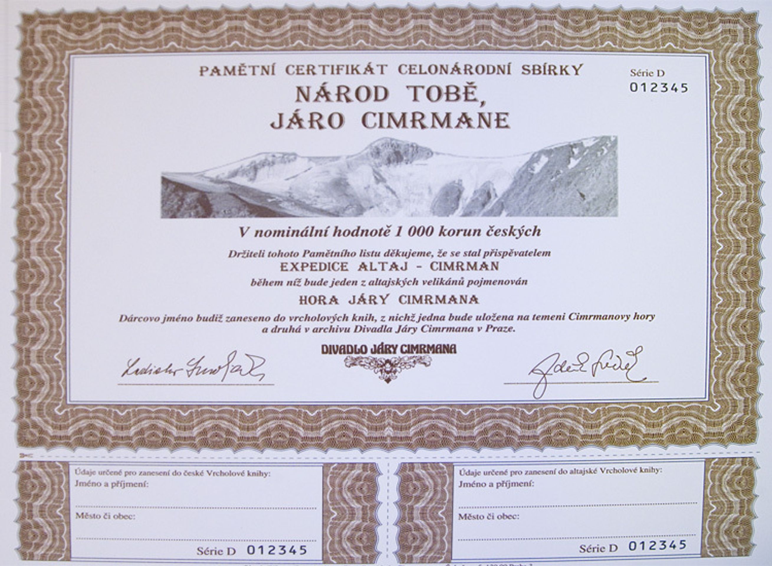 Na Cimrmana lze přispět třeba takovýmto certifikátem. - Vysbírá si Cimrman na horu? - video přednáška (1/5)