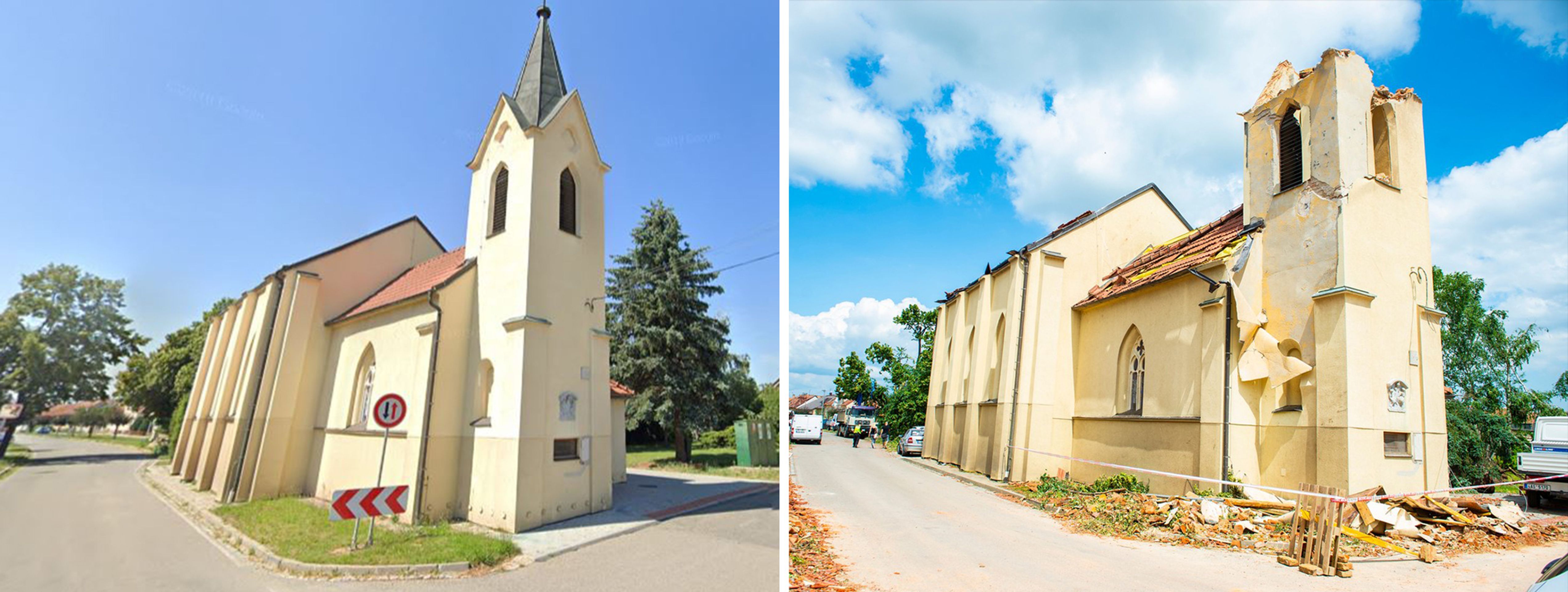 Srovnání - Tornádem zničená místa: kostel v Obci Hrušky - GALERIE: Srovnání - Tornádem zničená místa (1/13)