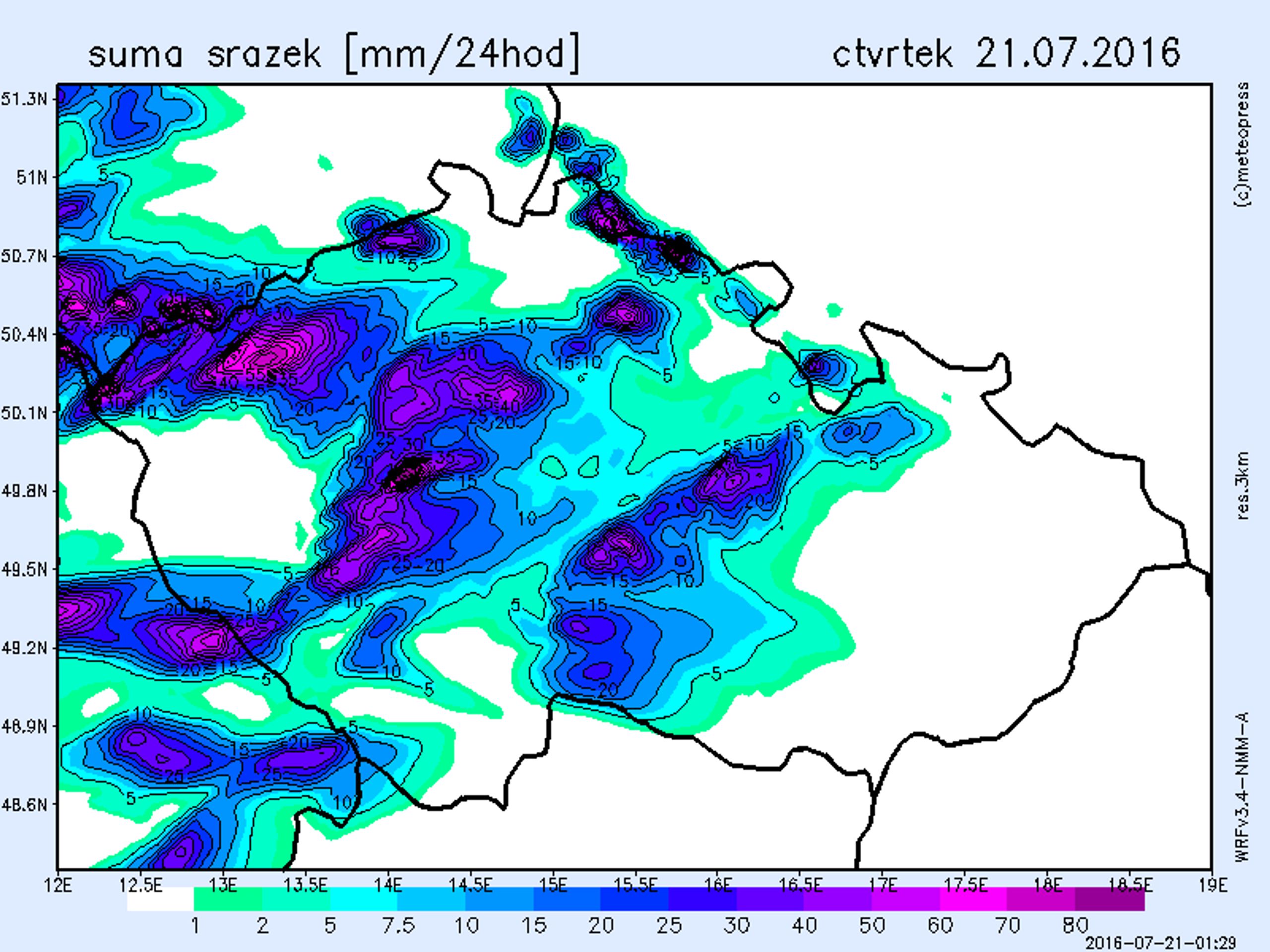 Srážková mapa - čtvrtek 21. července - GALERIE: Srážkové mapy od 21. do 24. července (1/4)