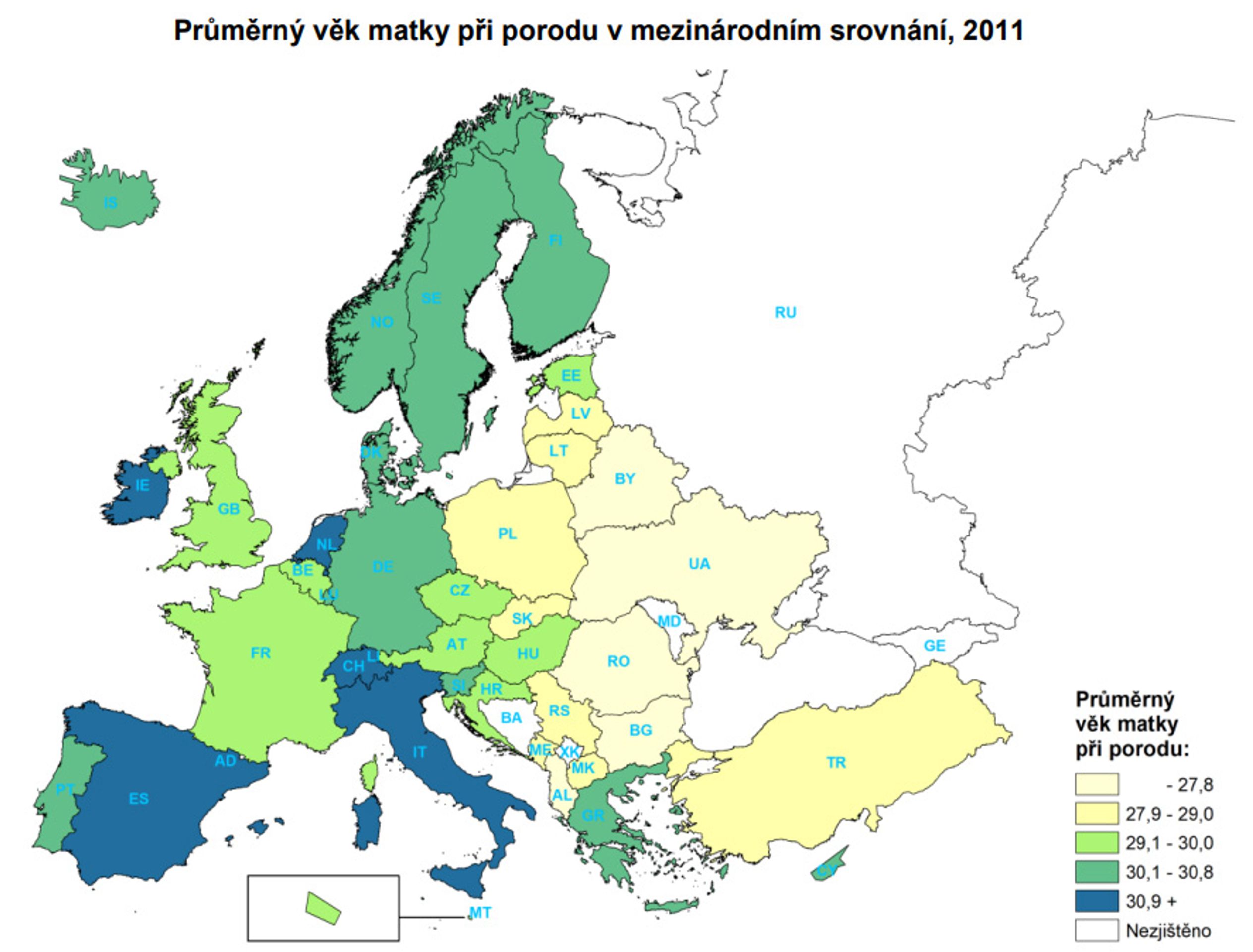 Graf - Průměrný věk matky při porodu v mezinárodním srovnání - Plodnost vzrostla (5/6)