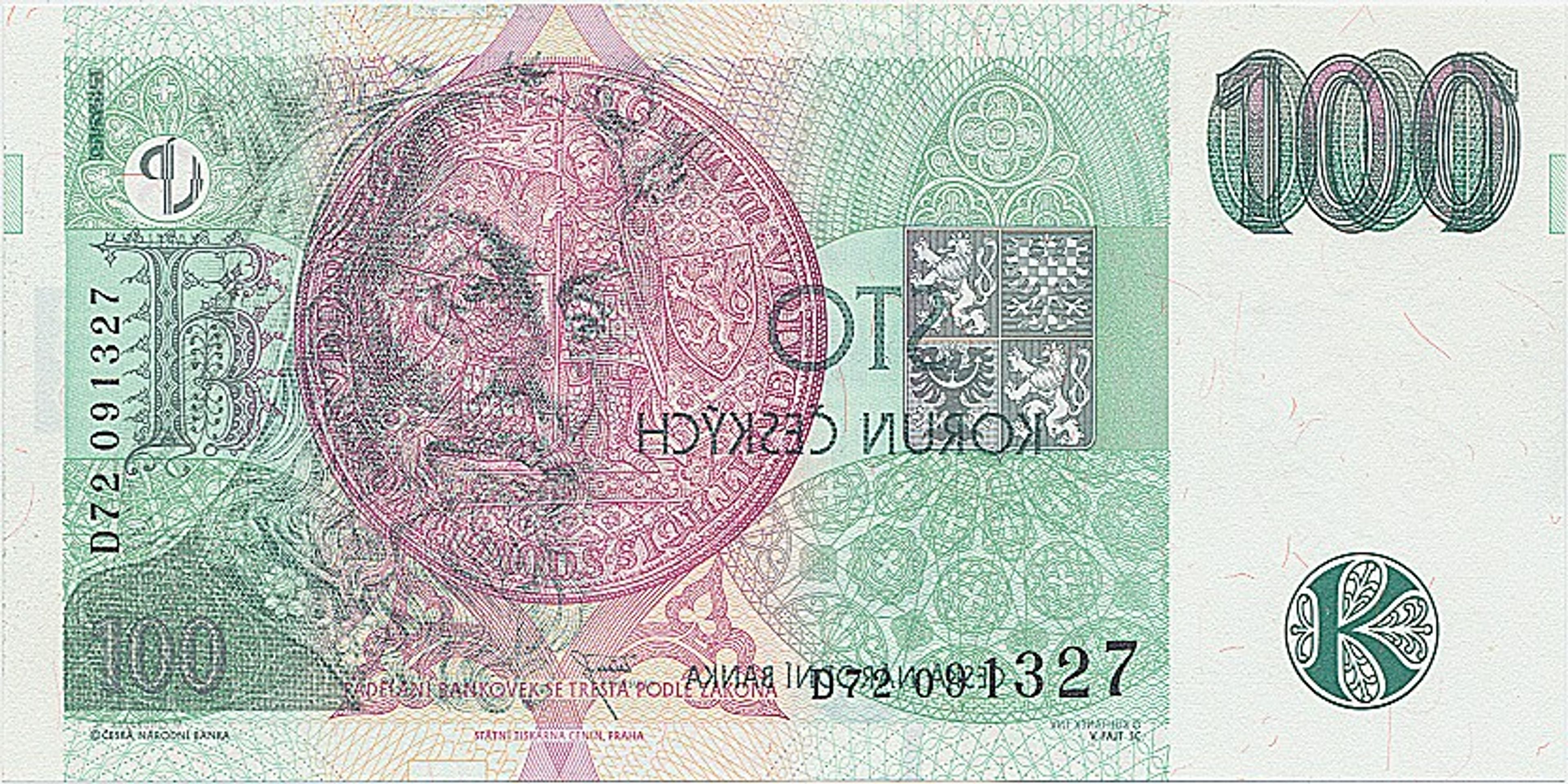 ČR, 100korunová bankovka, chybotisk, 1997, vyvolávací cena 10 000 Kč (2) - Aukce mincí a bankovek (8/20)