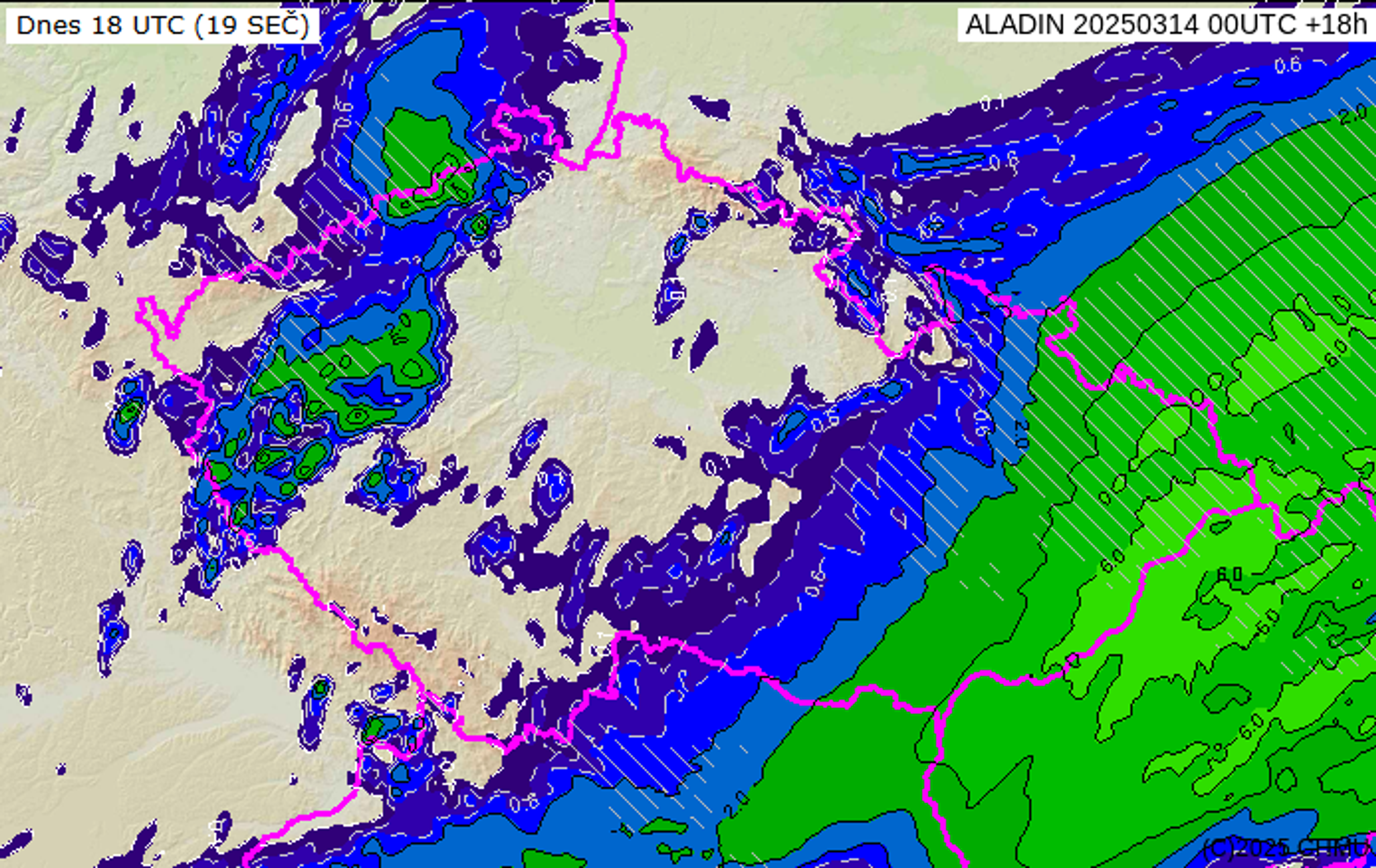 Srážky v pátek 14. března 2025 (šrafování značí sněžení) - Počasí na pátek 14. března (5/7)