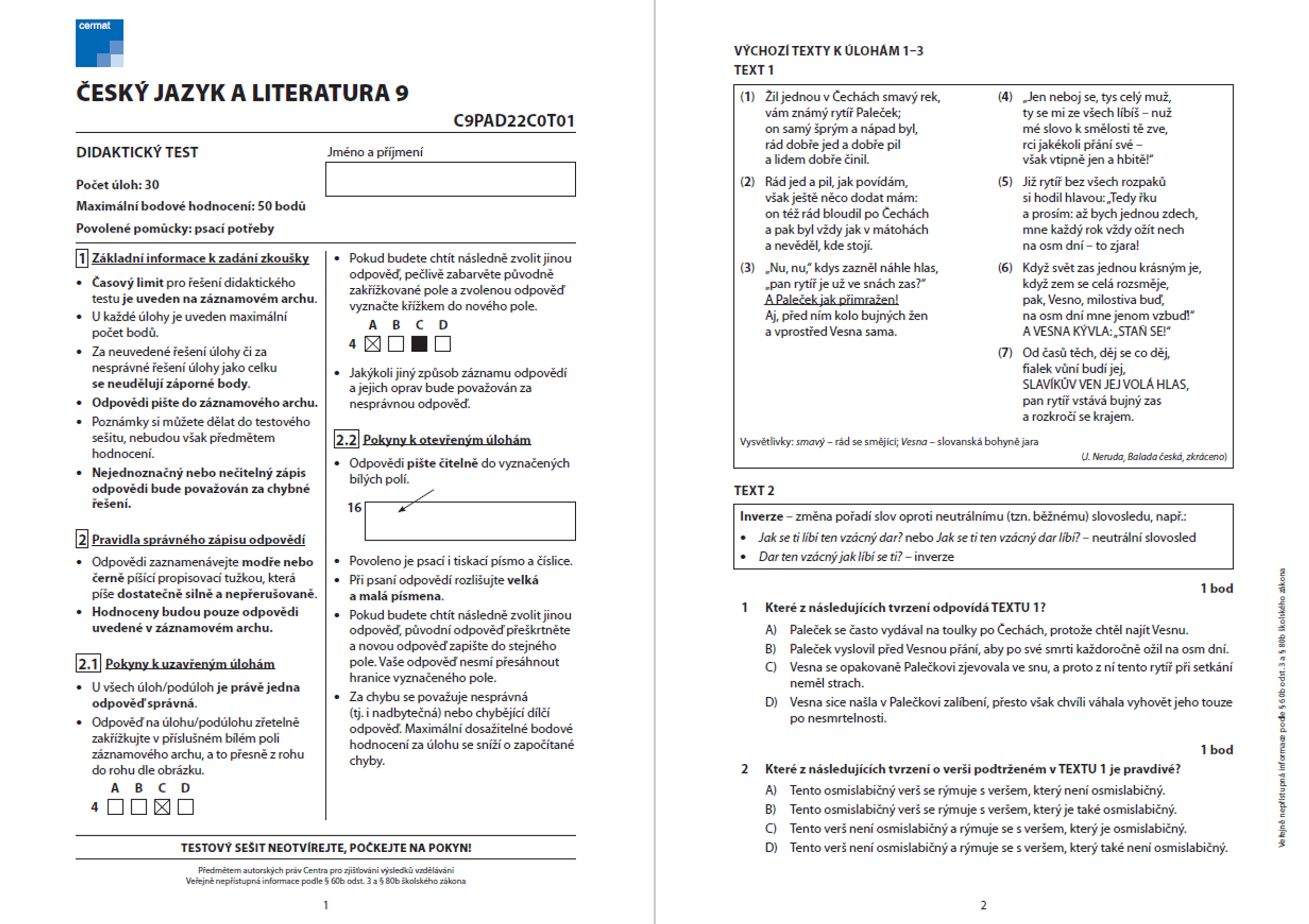 Didaktický test z českého jazyka - Přijímací zkouška z češtiny a matematiky na čtyřleté obory (1/13)