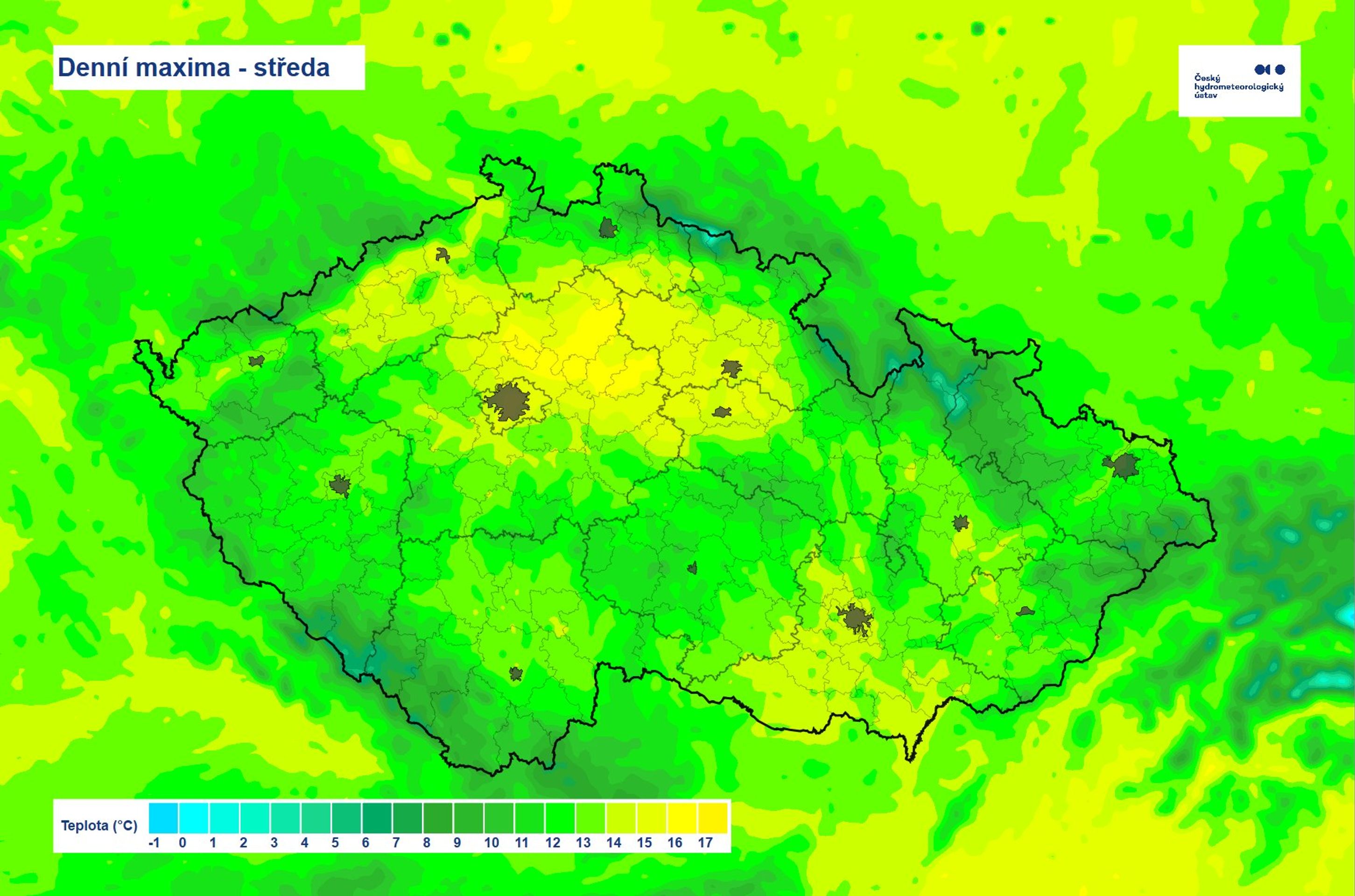 Denní maxima - středa, 1. 4. 2025 - Předpověď počasí (2/3)