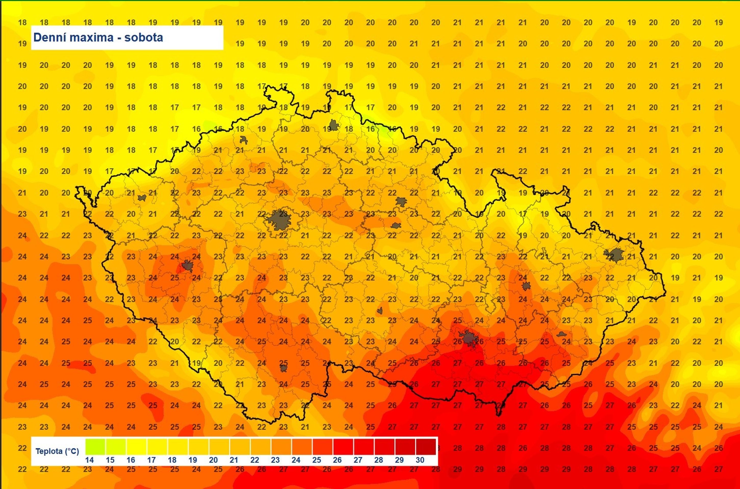 Denní maxima – sobota 3. 5. 2025 - Předpověď počasí (2/3)
