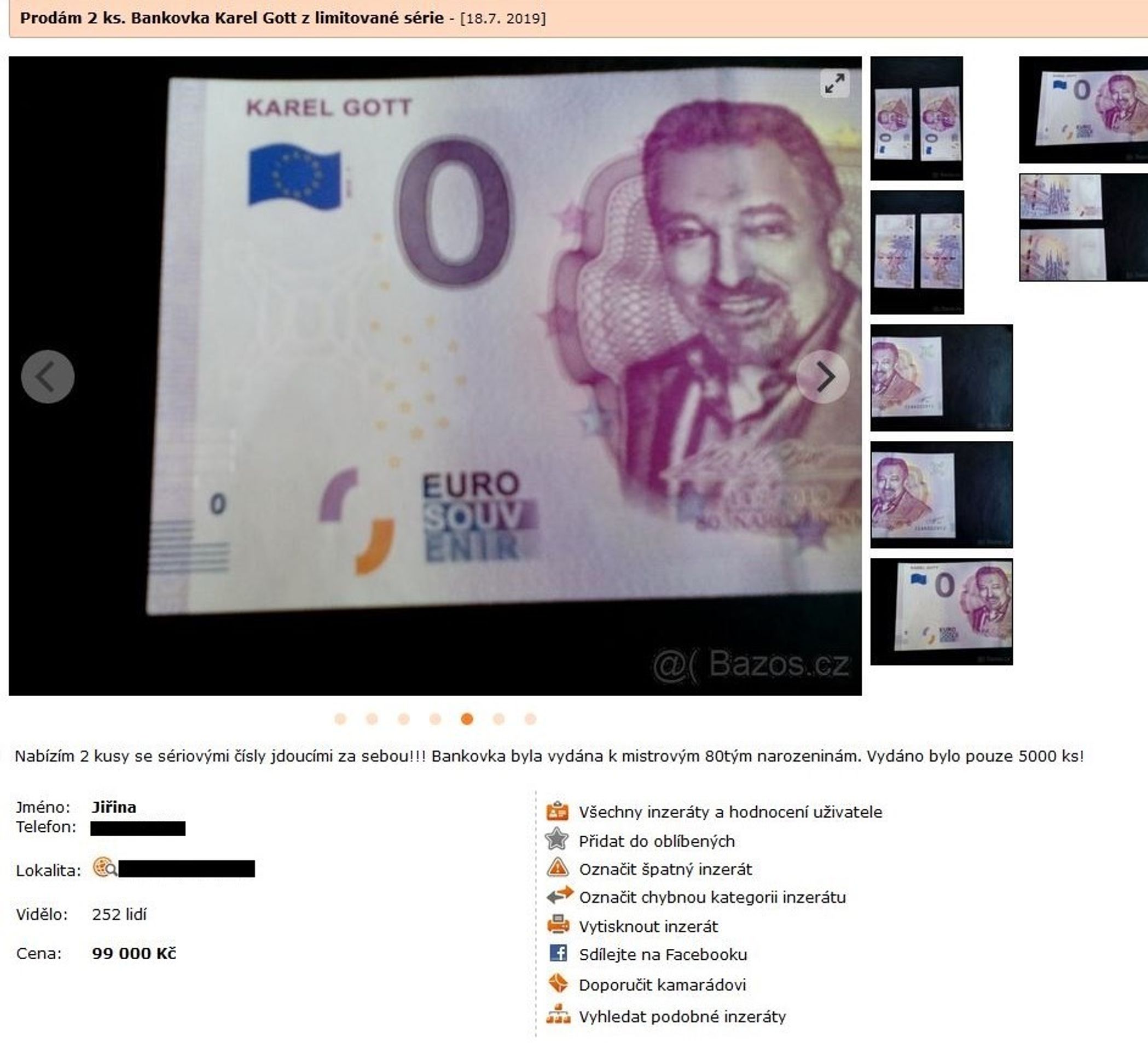 Bankovky s Karlem Gottem se prodávají za desítky tisíc - 1 - GALERIE: Výběr nejdražších inzerátů bankovek s Karlem Gottem (1/6)