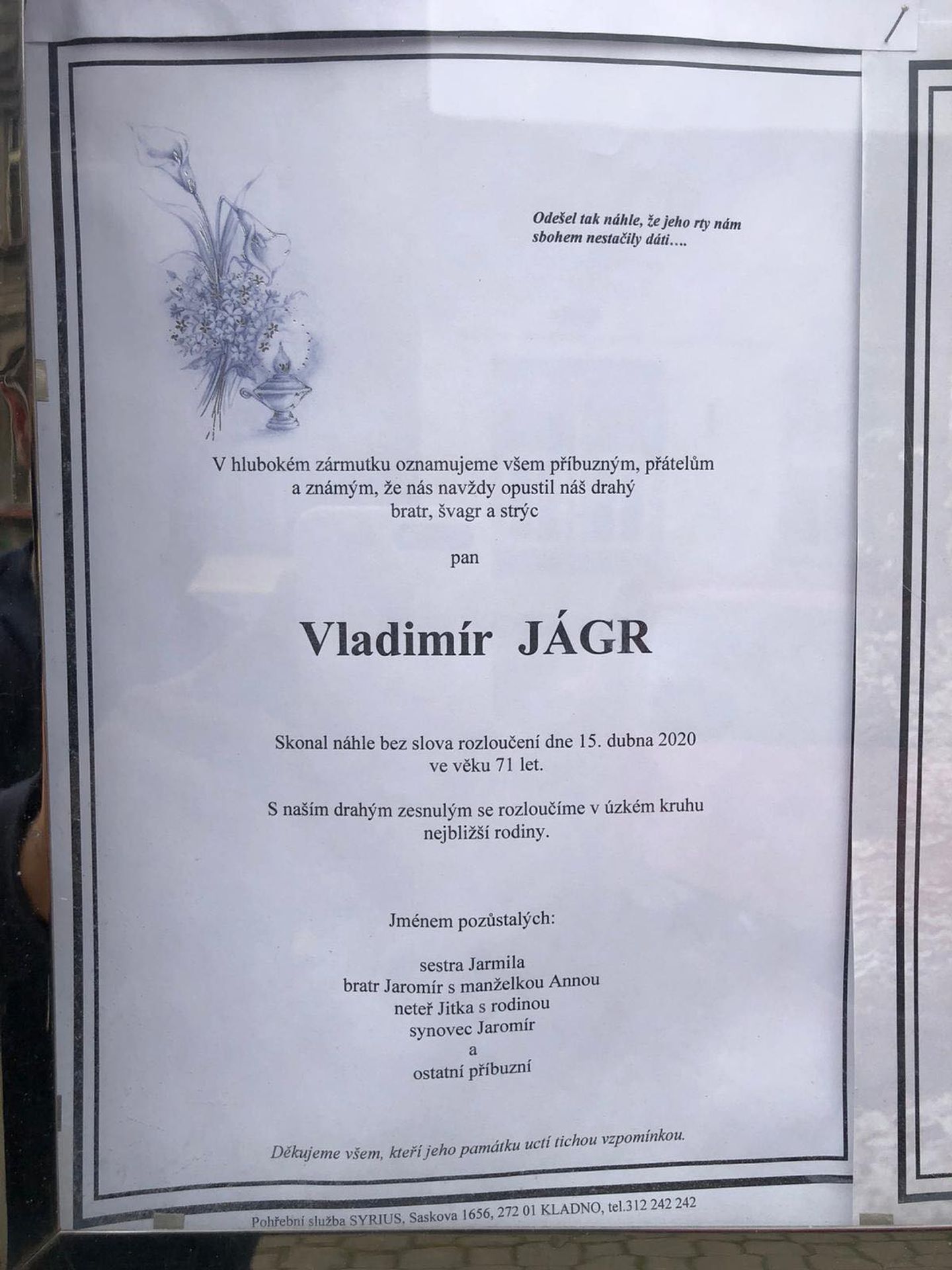 Oznámení o úmrtí strýce Jaromíra Jágra - GALERIE: Zemřel strýc Jaromíra Jágra ze statku na Švermově (2/7)