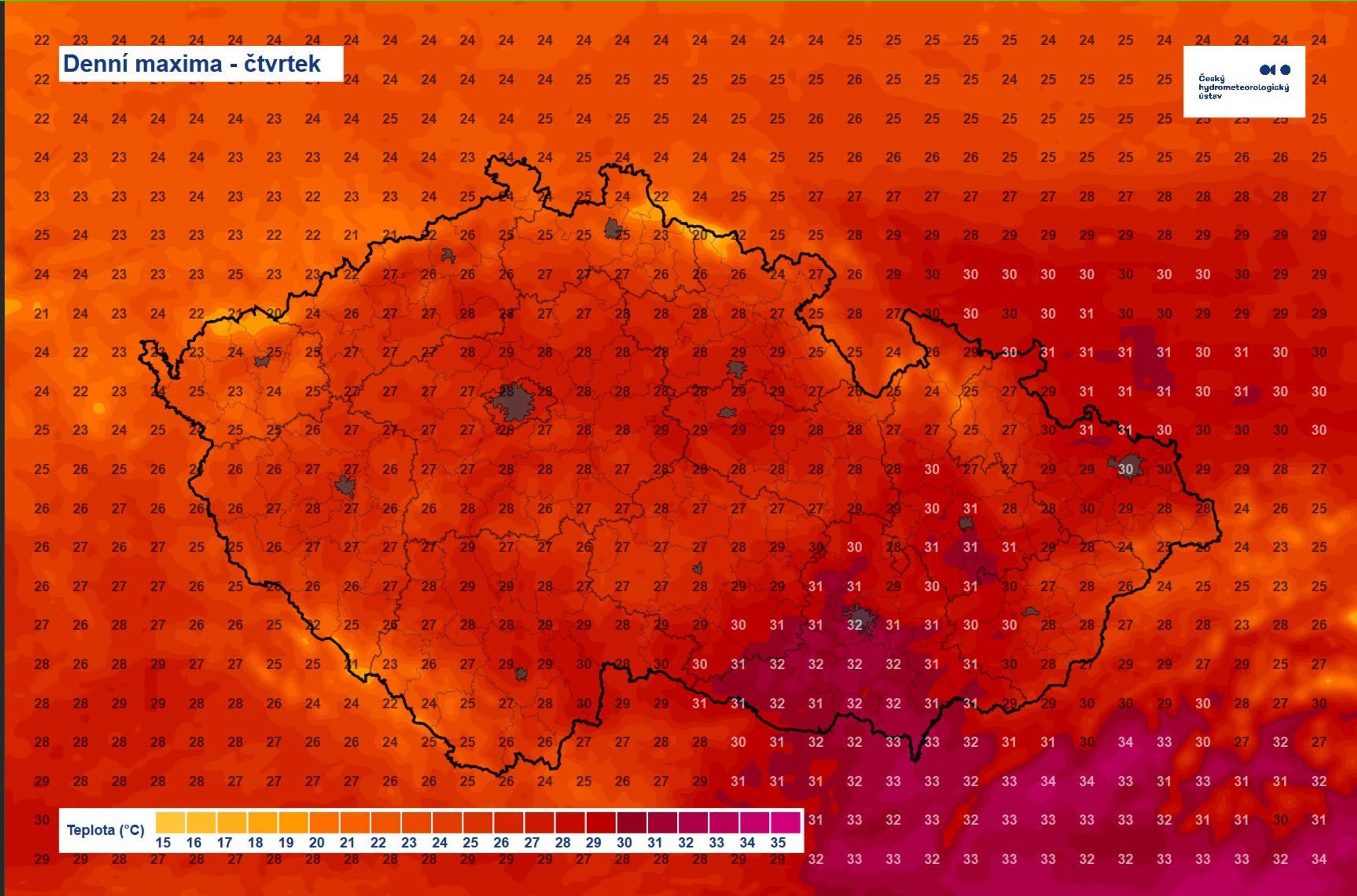 Denní maxima – čtvrtek - Mapy ČHMÚ (3/3)