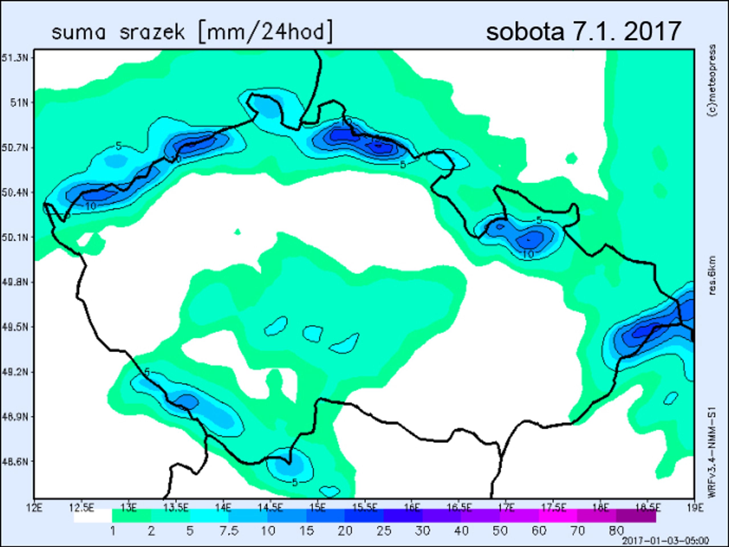 Srážkové mapy - sobota 7.1. - GALERIE: Srážkové mapy (4/4)