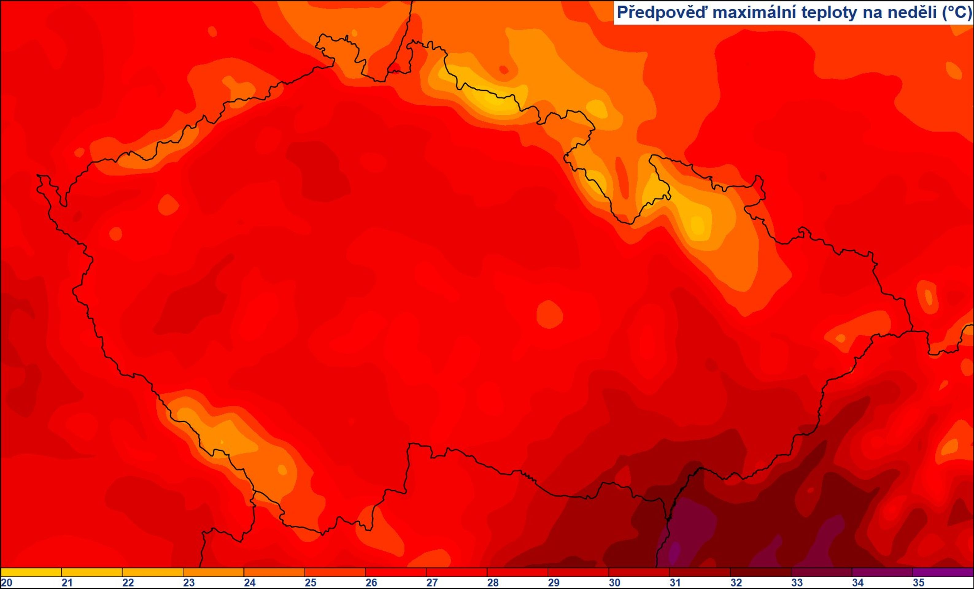Předpověď maximální teploty na neděli (°C) - Předpověď maximální teploty na následující dny (3/3)