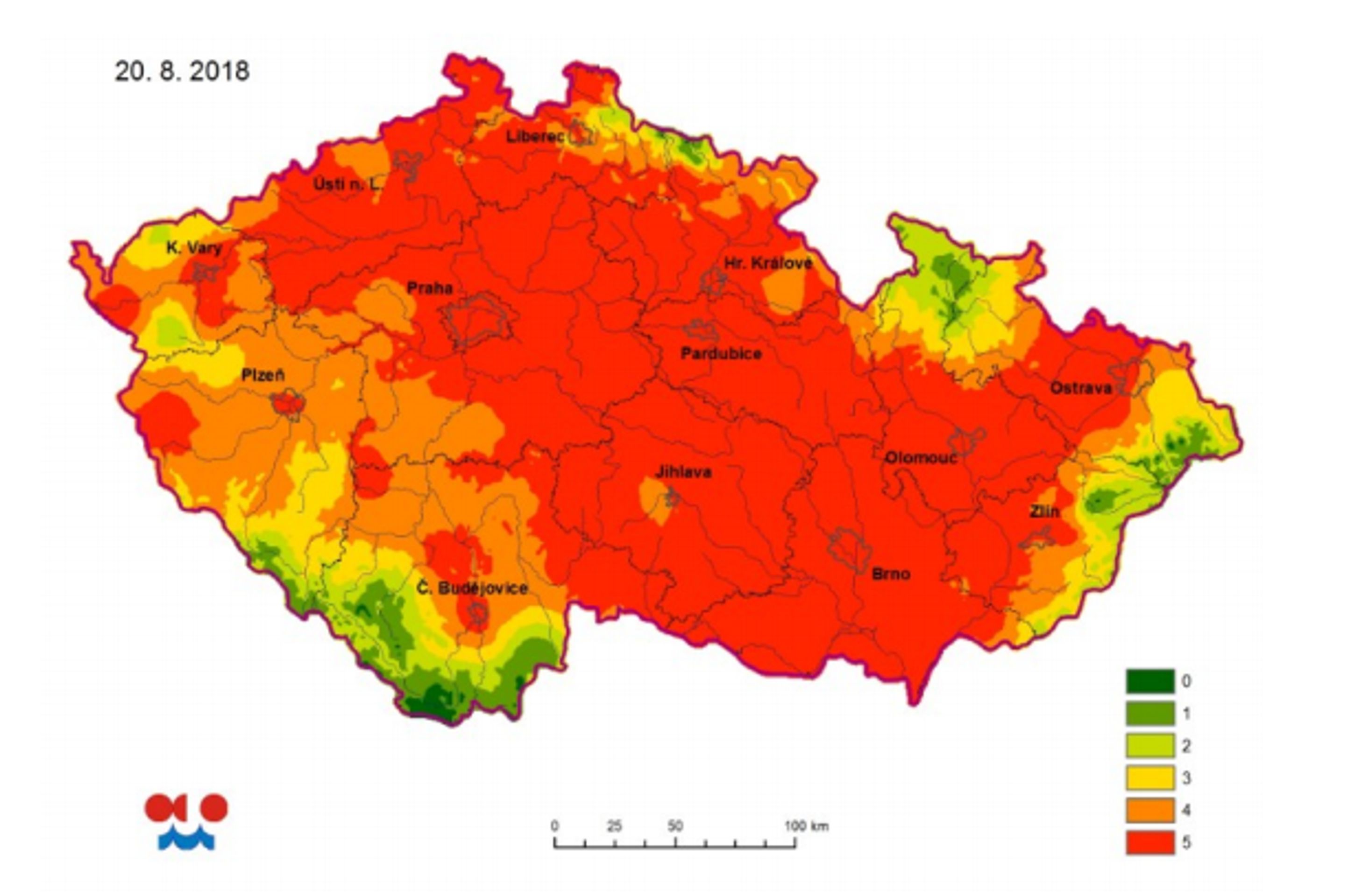 Mapa míry ohrožení půdním suchem. - GALERIE: Česko má za sebou nejsušší týden prázdnin (1/3)
