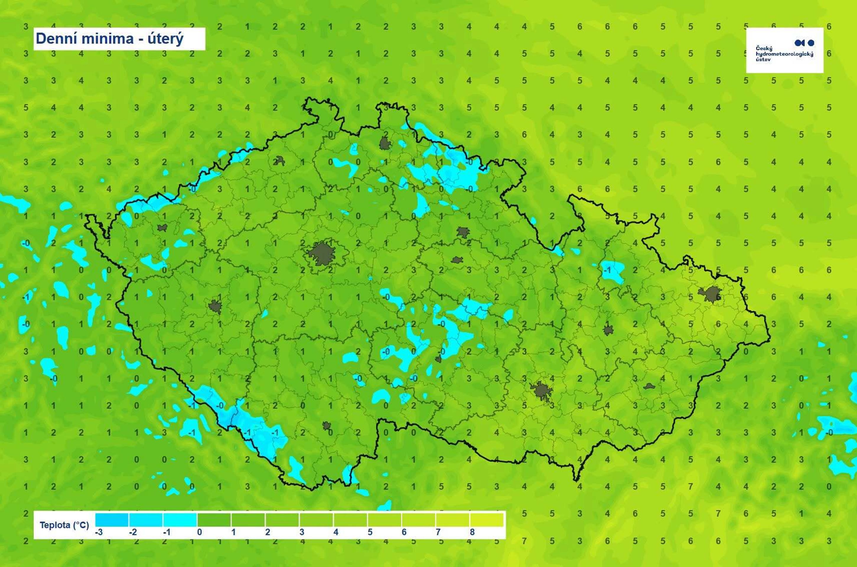 Denní minima – úterý - Mapy ČHMÚ (2/3)