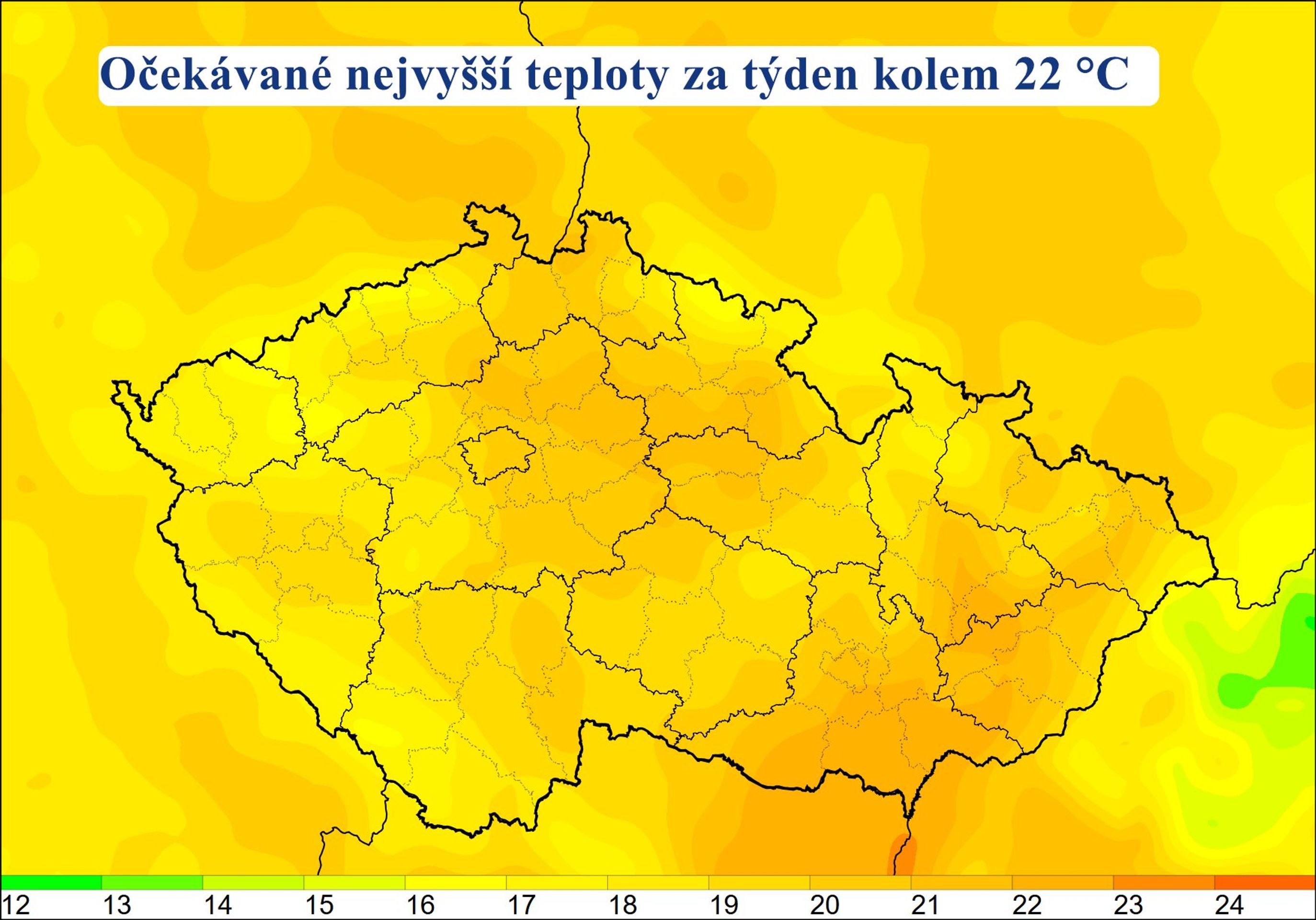 Očekávané nejvyšší teploty za týden kolem 22°C - Výstrahy na nejbližší dny (3/3)