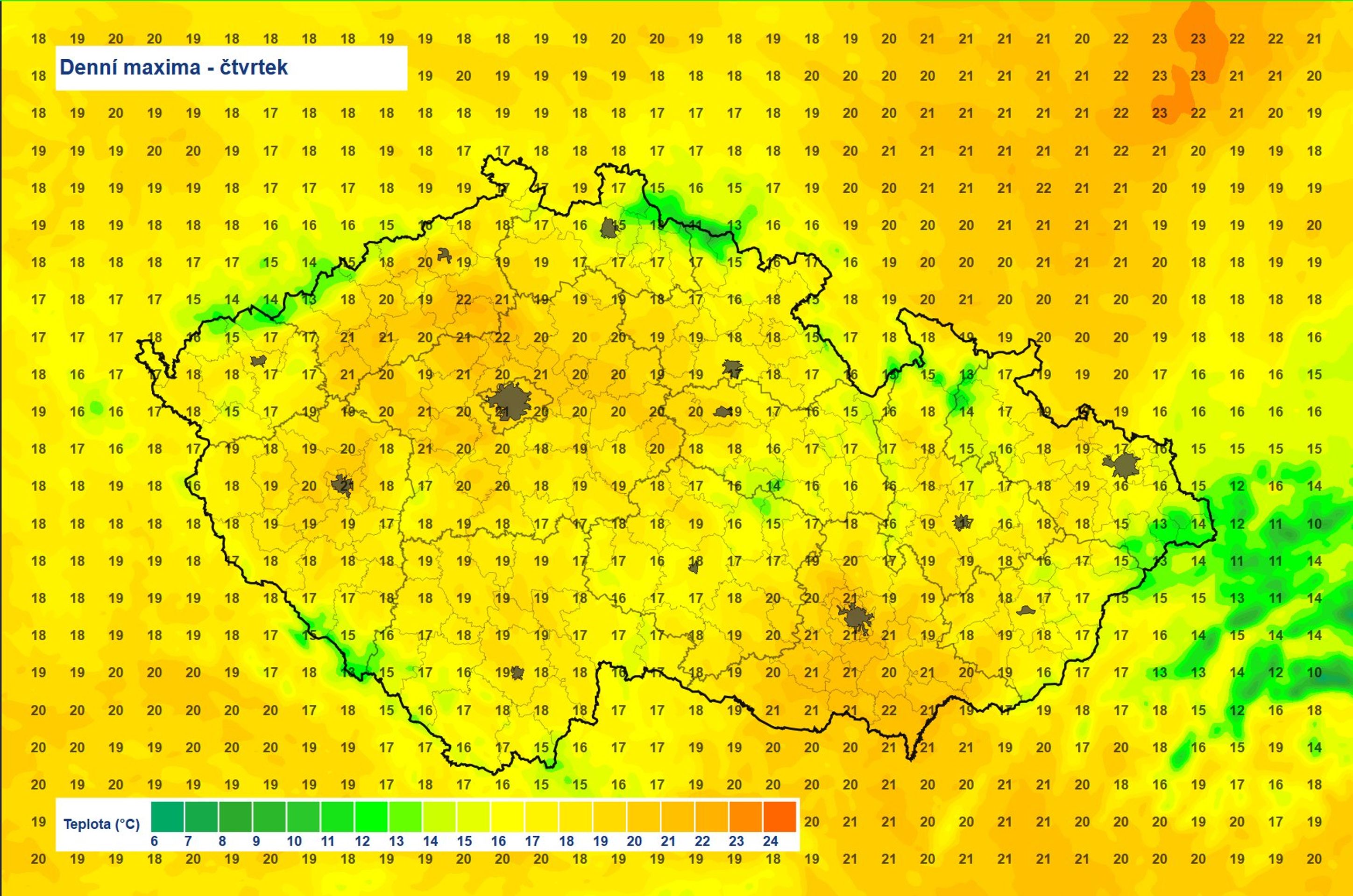 Denní maxima ve čtvrtek  - Výstraha, denní maxima a radarový odhad srážek (2/4)