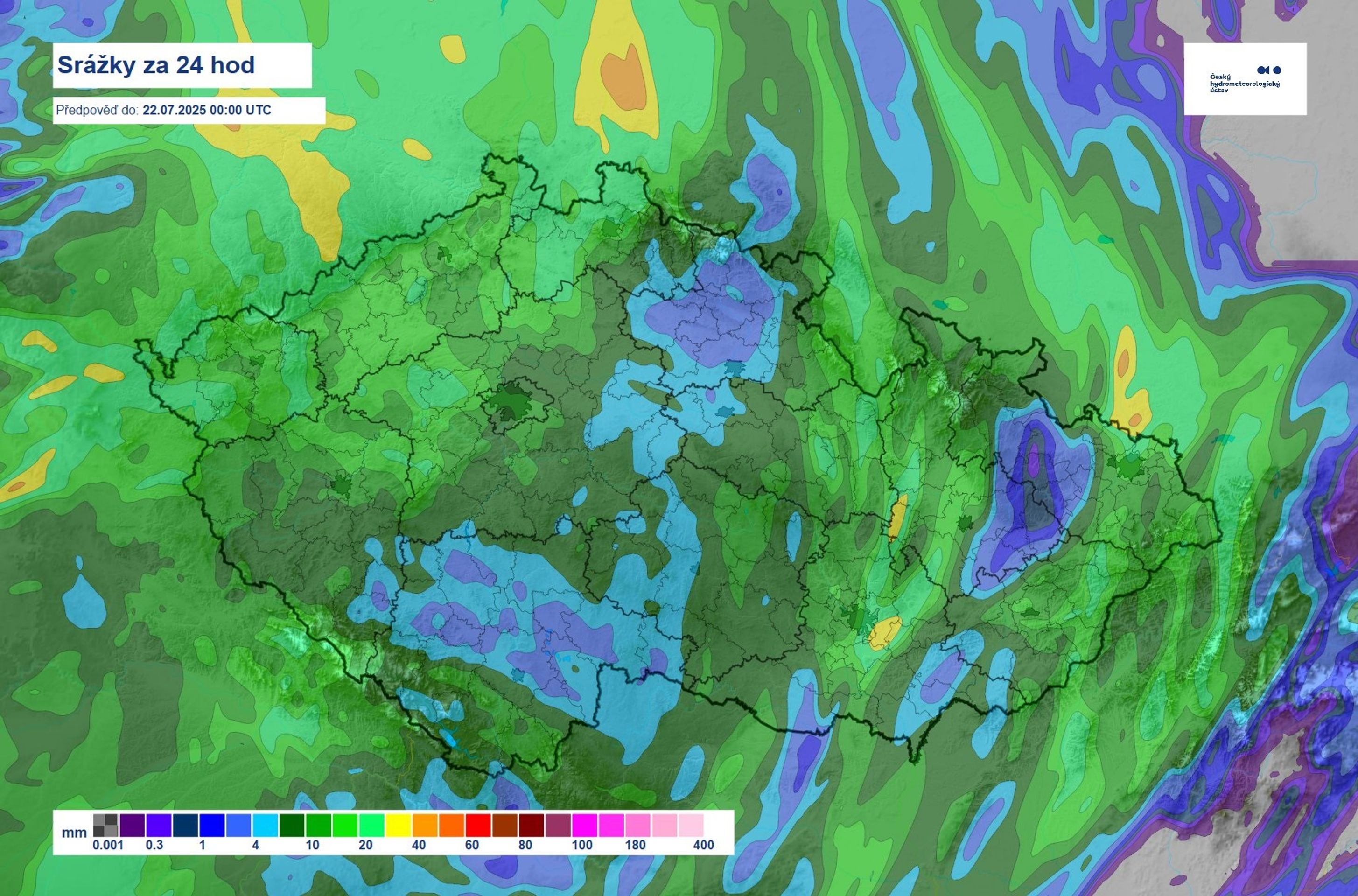 Předpokládané srážky za pondělí 21. 7. 2025 - Předpověď počasí (3/3)