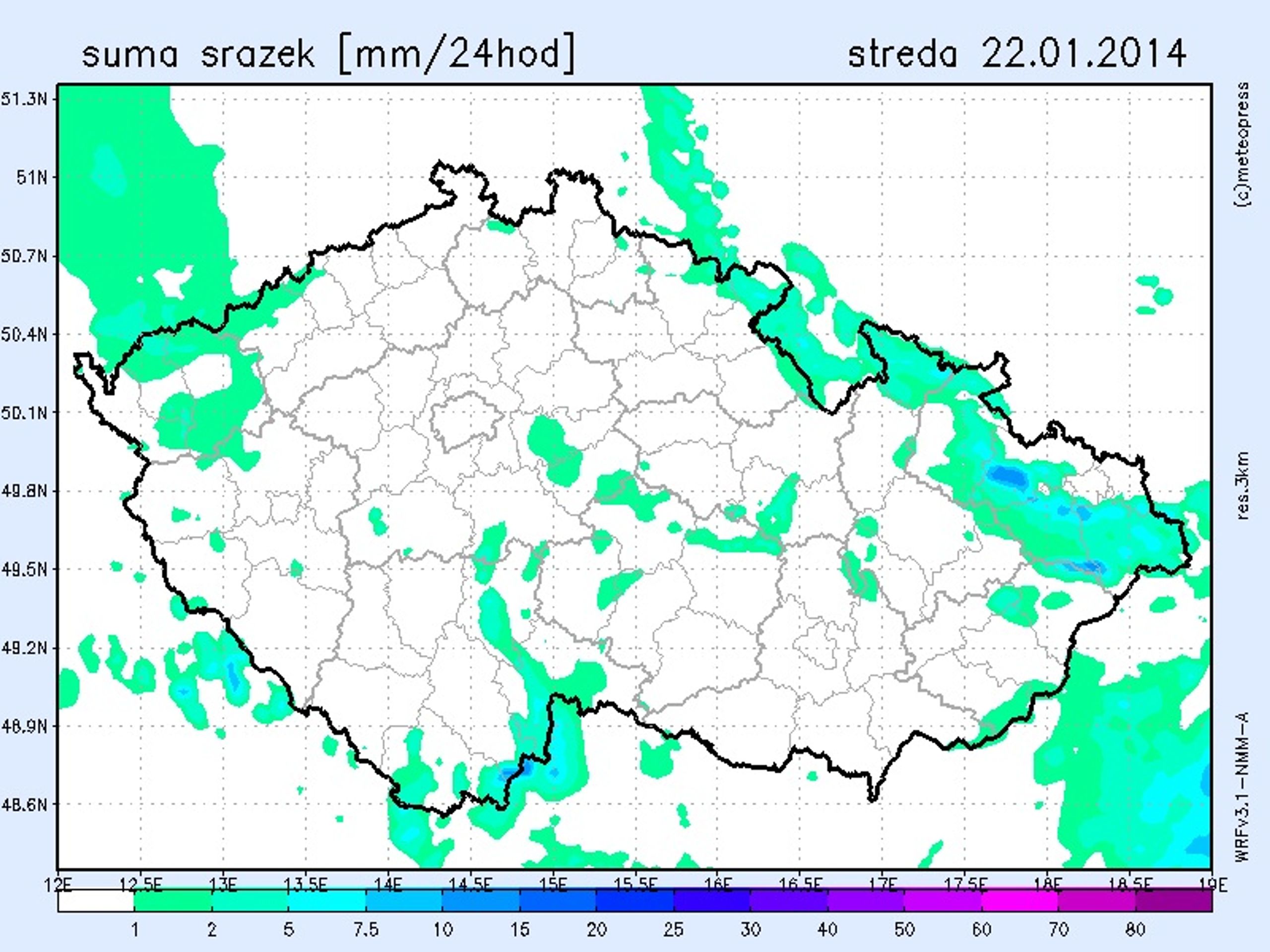 Mapa úhrnu srážek - leden 2014 - GALERIE: Mapy srážek do konce týdne (4/4)