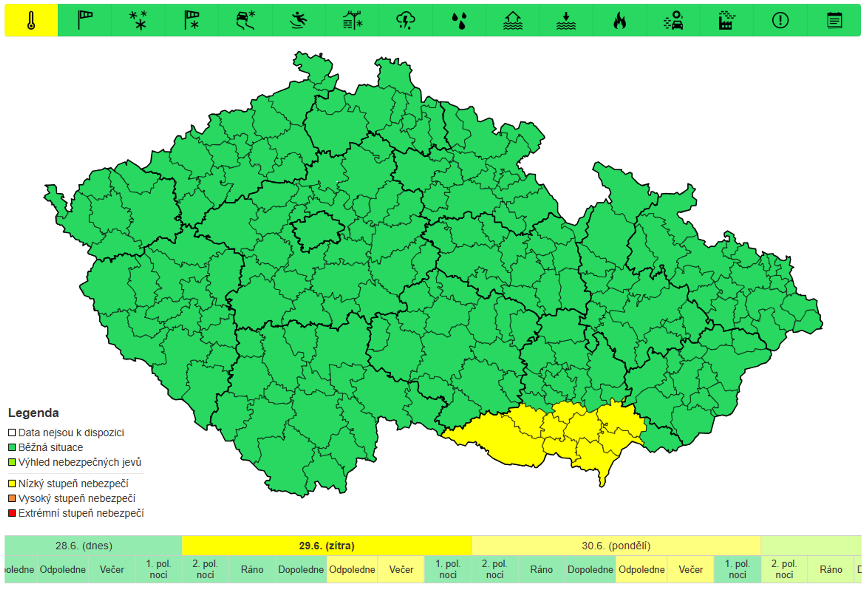 Výstraha před horkem 29. a 30. 6. 2025 - Výstraha před horkem v Česku 29. 6.-2. 7. 2025 (2/4)