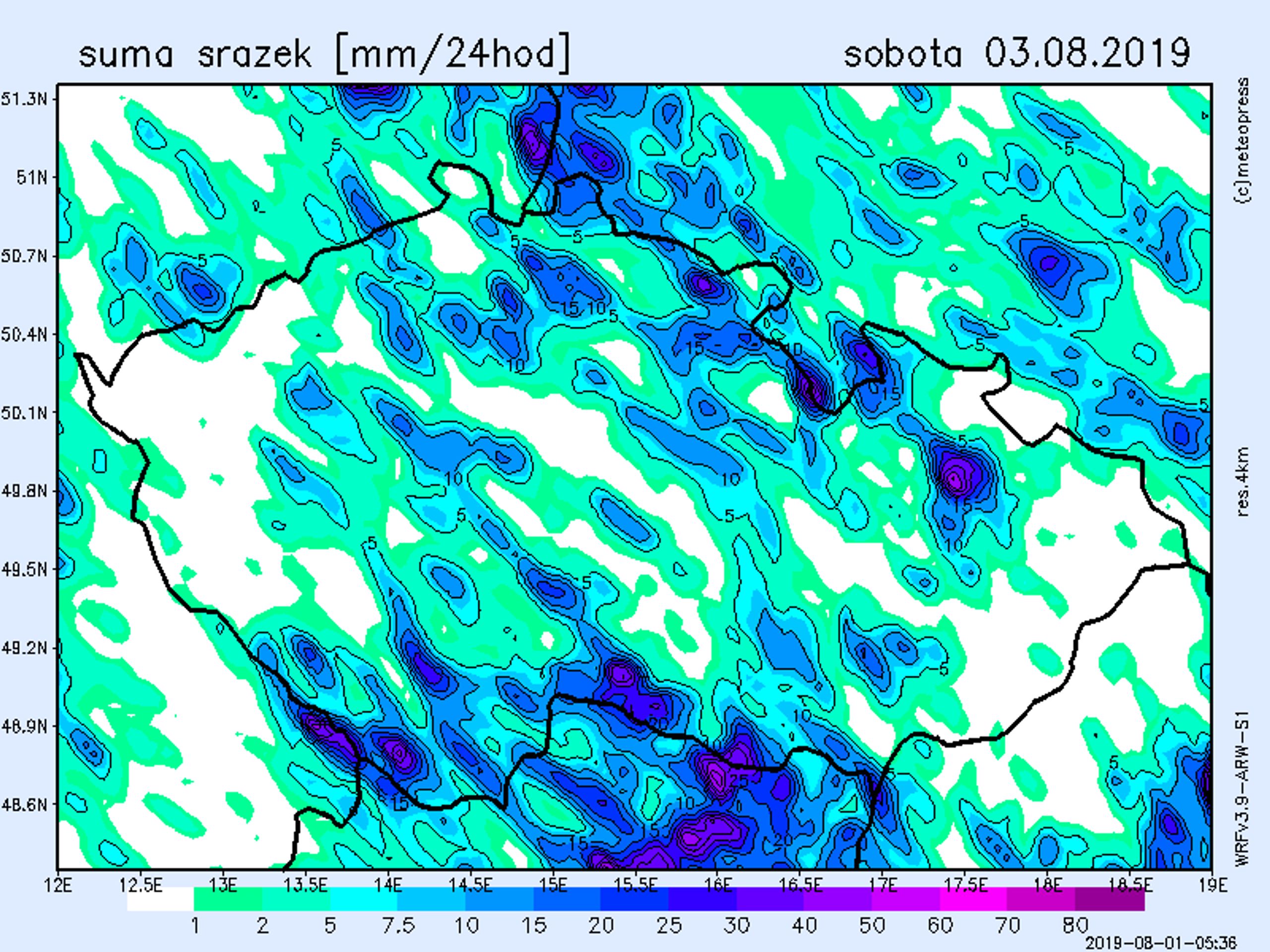 Mapa srážek - sobota 3. 8. 2019 - GALERIE: Srážkové mapy (3/4)