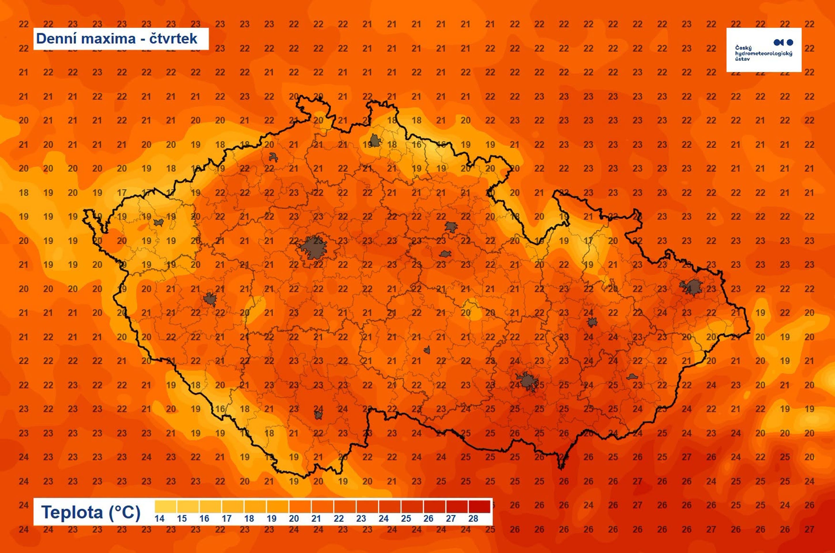 Denní maxima ve čtvrtek - Počasí ČHMÚ (3/4)