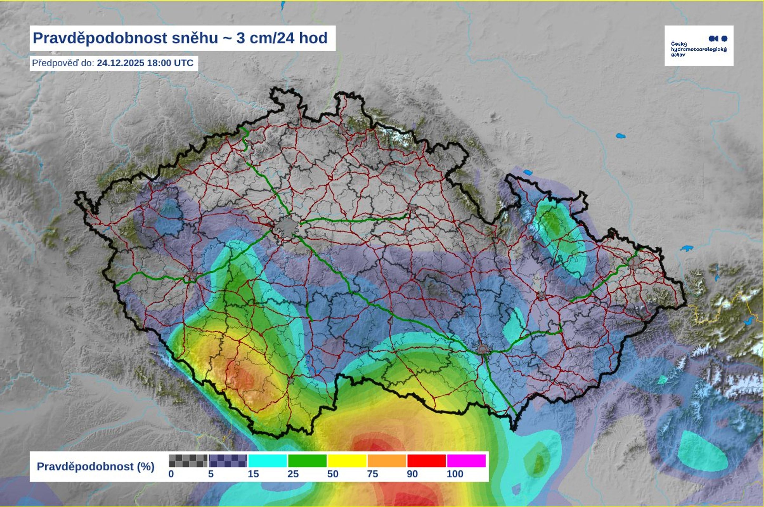 Mapa pravděpodobnosti sněhu - Pravděpodobnost sněhu (2/3)