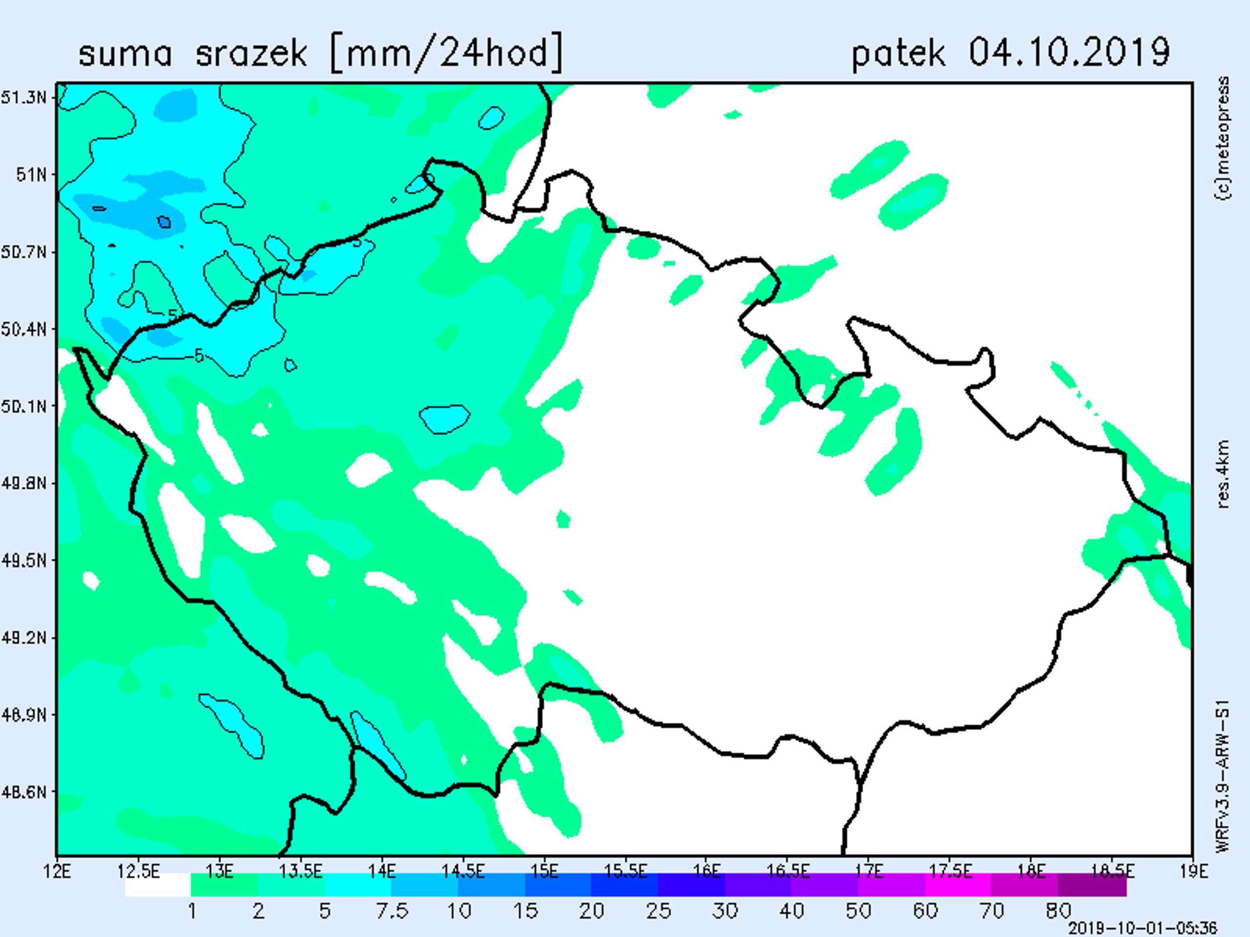 Srážková mapa - pátek 4. 10. 2019 - GALERIE: Srážkové mapy (4/4)