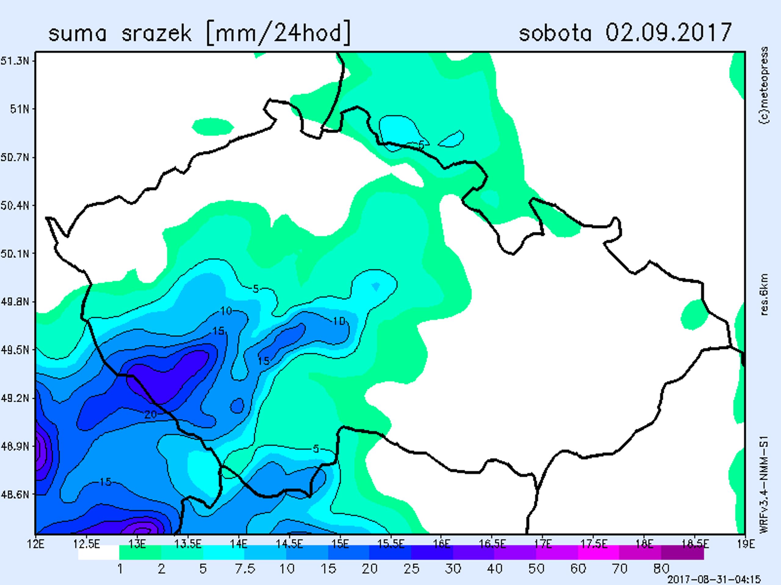 Mapa srážek na sobotu 2.9. 2017 - GALERIE: Mapy srážek na poslední prázdninový víkend (3/4)