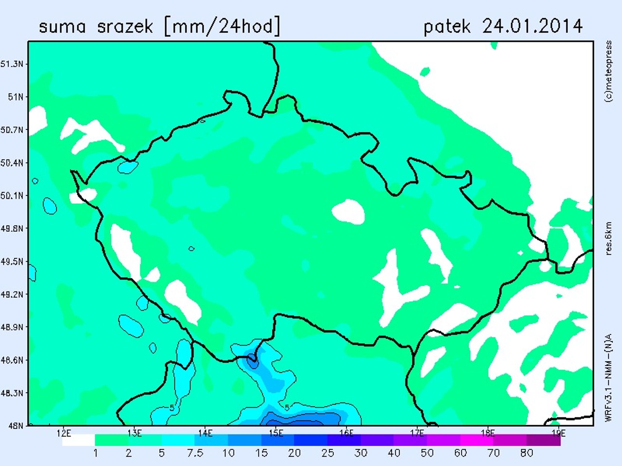 Mapa úhrnu srážek - leden 2014 - 1 - GALERIE: Mapy srážek do konce týdne (2/4)