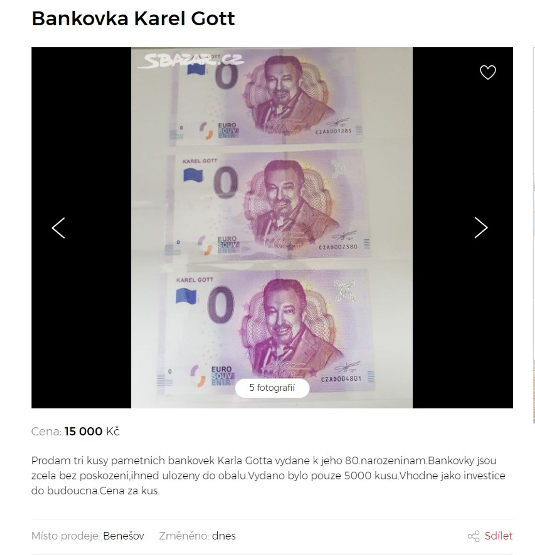 Bankovka s Karlem Gottem na bazaru - 3 - GALERIE: Bankovka s Karlem Gottem na bazarech (2/4)