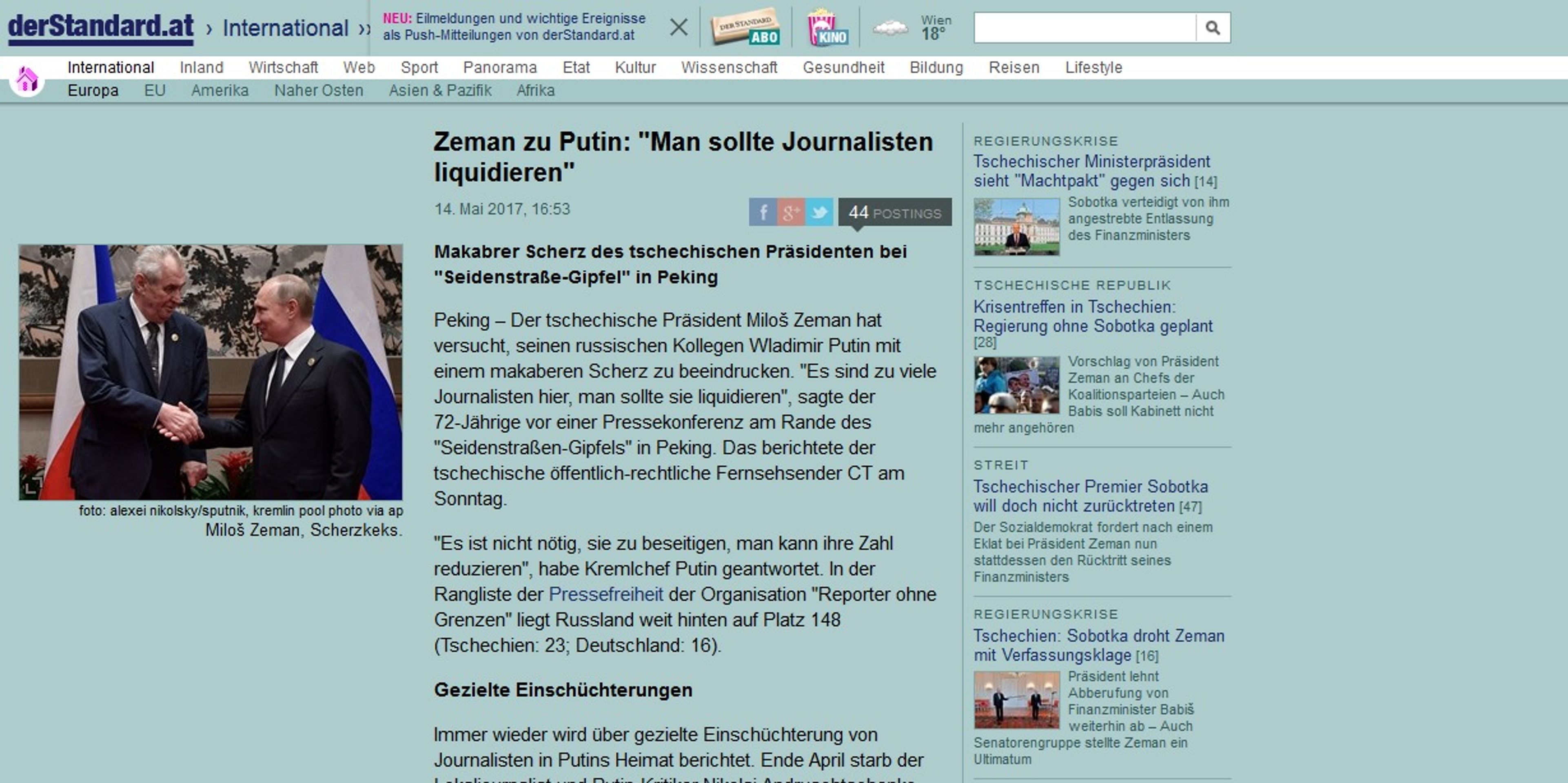 Světová média: Zeman žertoval s Putinem o likvidaci novinářů - 8 - GALERIE: Světová média informují o Zemanově žertu s likvidací novinářů (3/10)
