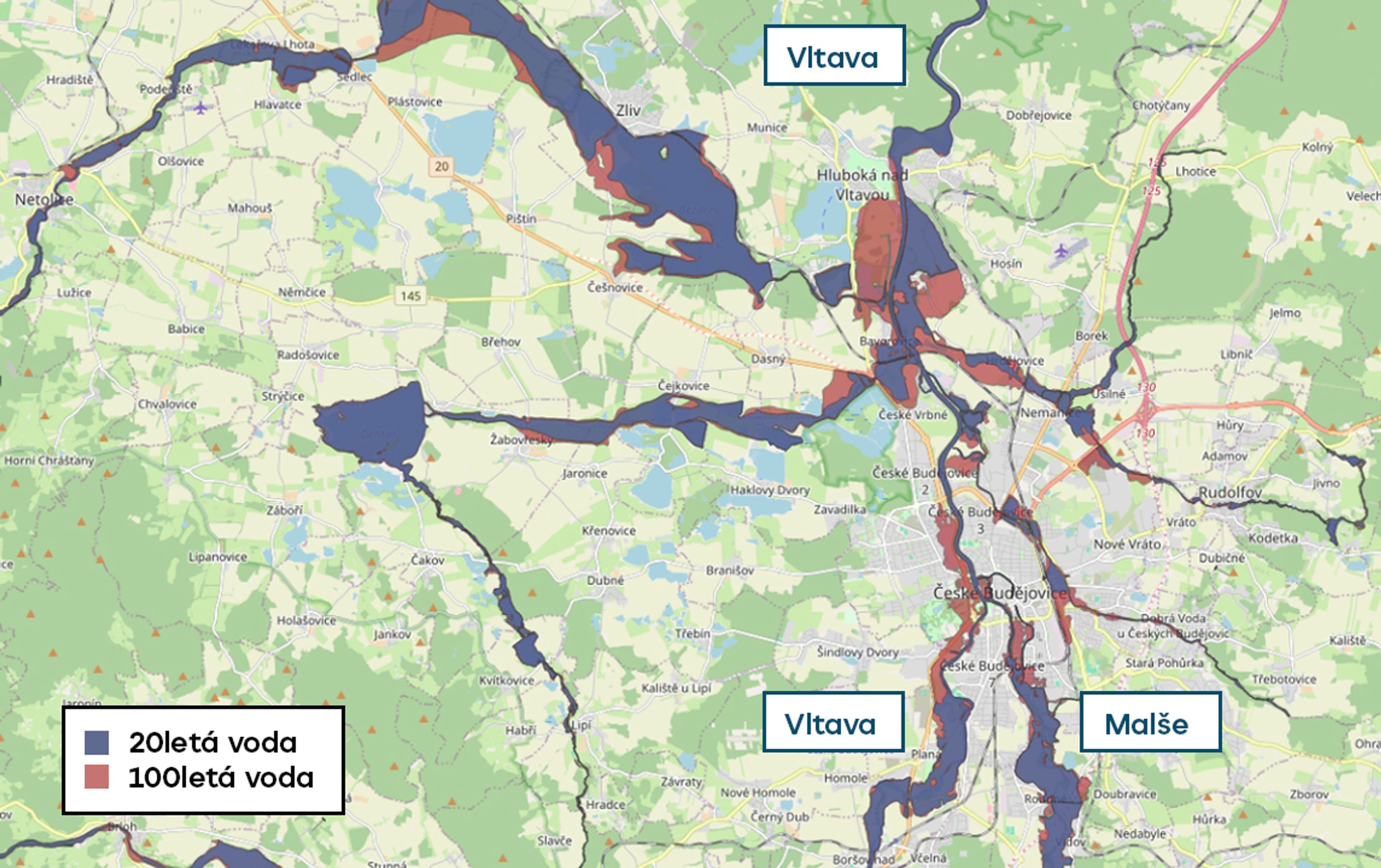 Povodňové mapy - České Budějovice - 20letá a 100letá voda (5/20)