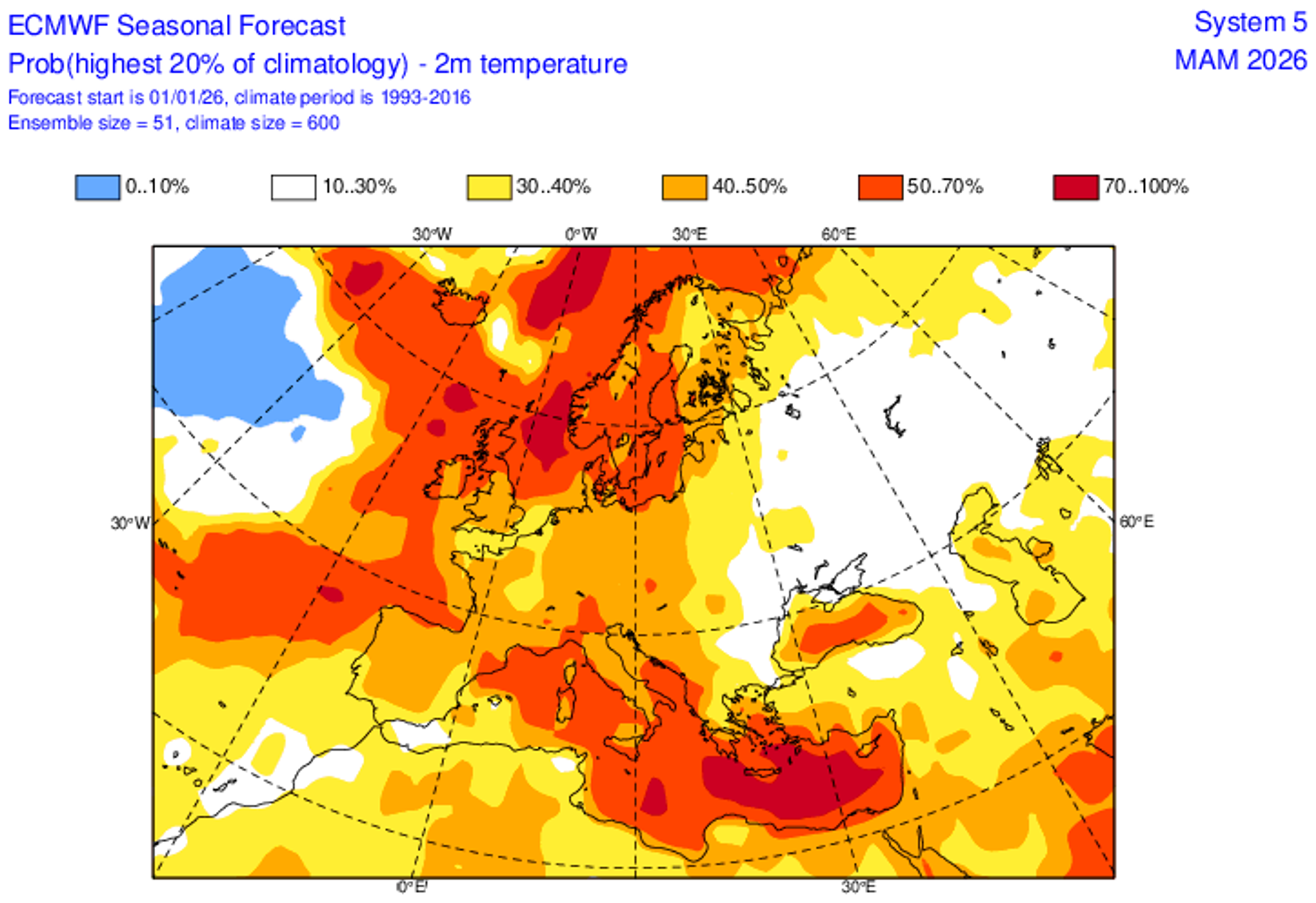 Pravděpodobnost, že pro dané roční období leží průměrná teplotní anomálie v nejvyšším kvintilu 24letého klimatologického rozdělení – březen 2026 - Předpověď na jaro (4/6)