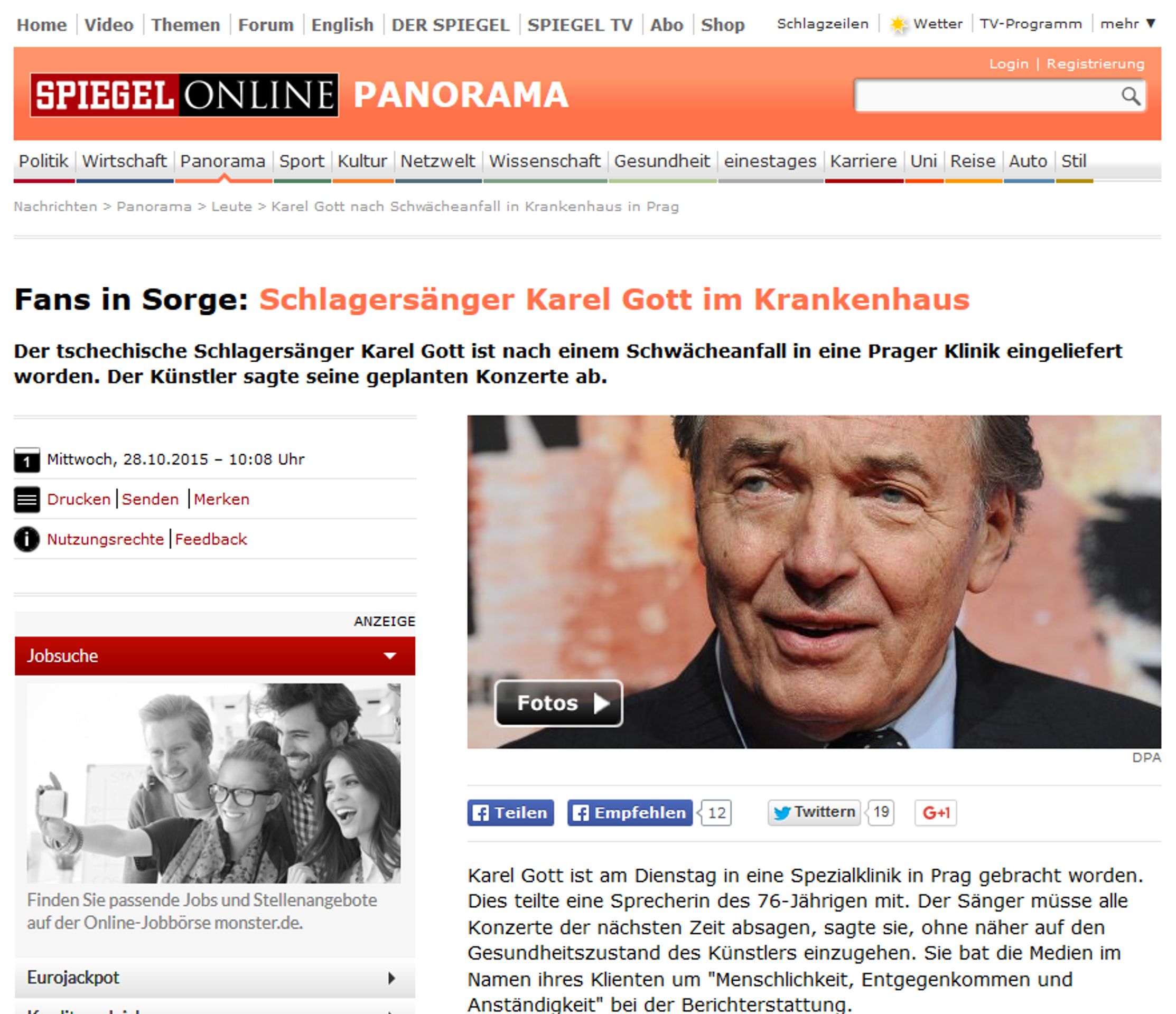 Karel Gott ve Spiegelu - GALERIE: Zahraniční weby o zdravotním stavu Karla Gotta (3/7)