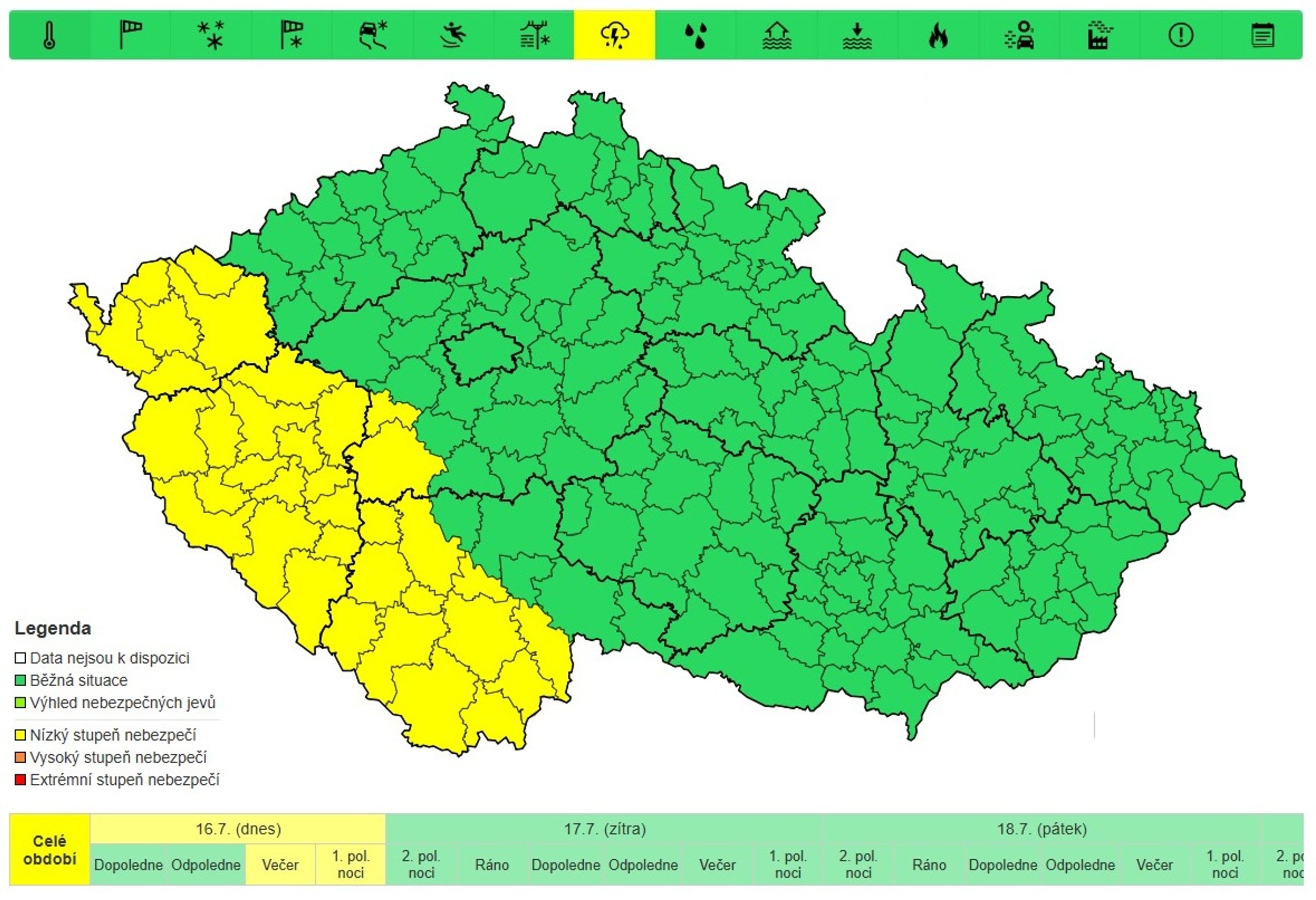 Výstraha před silnými bouřkami - Výstraha, denní maxima a radarový odhad srážek (1/4)