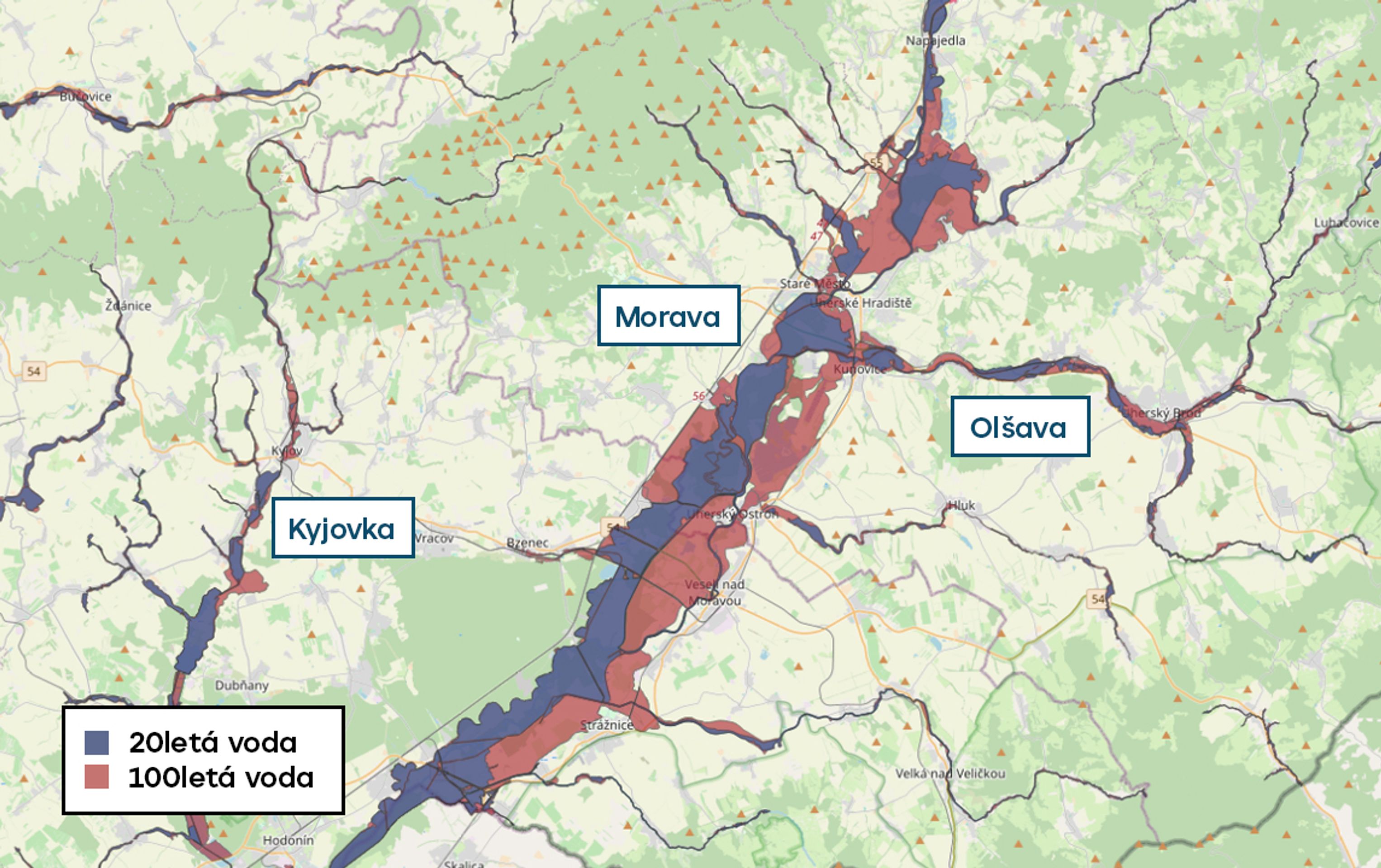 Povodňové mapy - Morava - 20letá a 100letá voda (8/20)