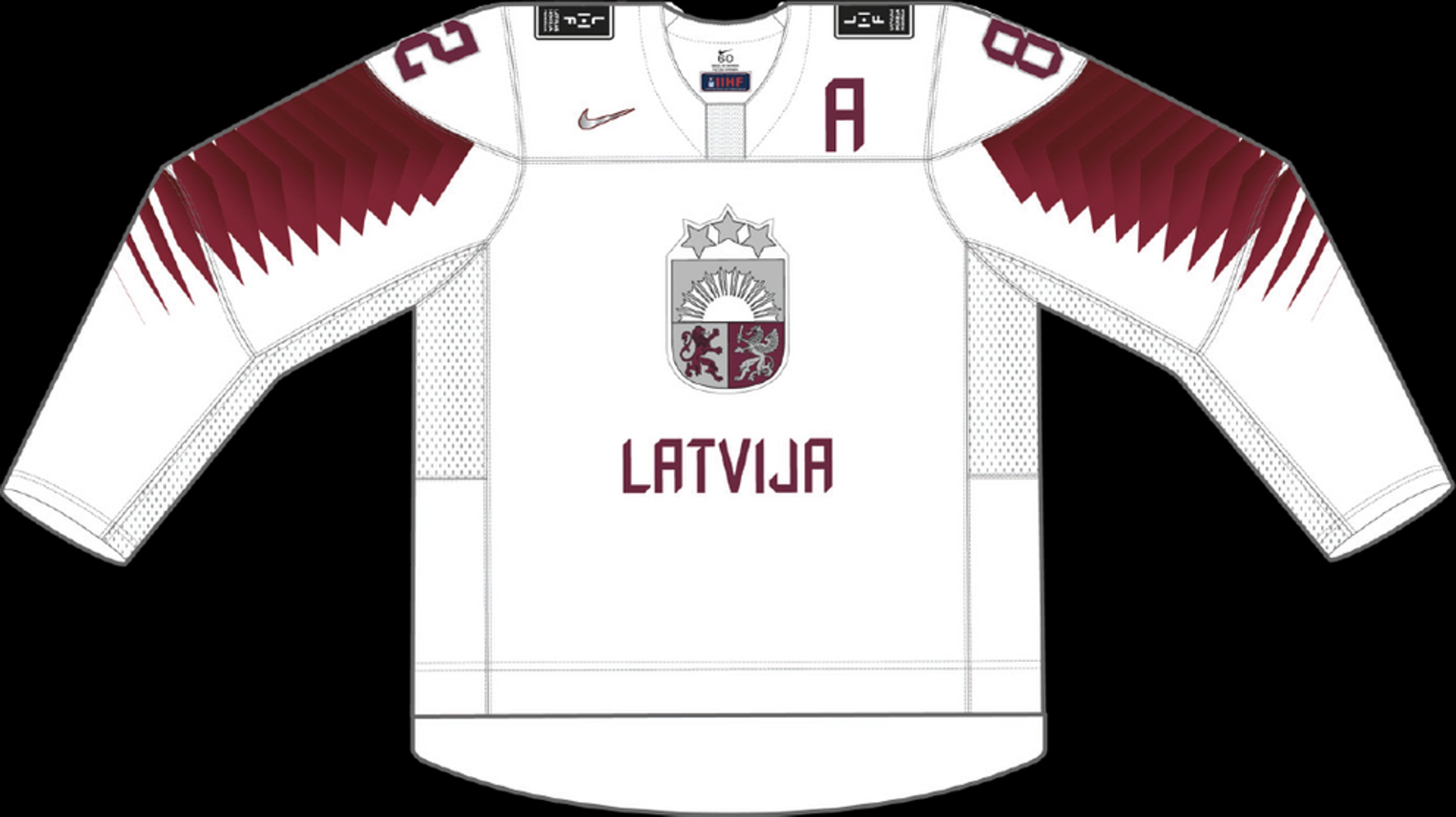 Domácí dres Lotyšska - GALERIE: Dresy týmů na mistrovství světa v ledním hokeji (13/32)