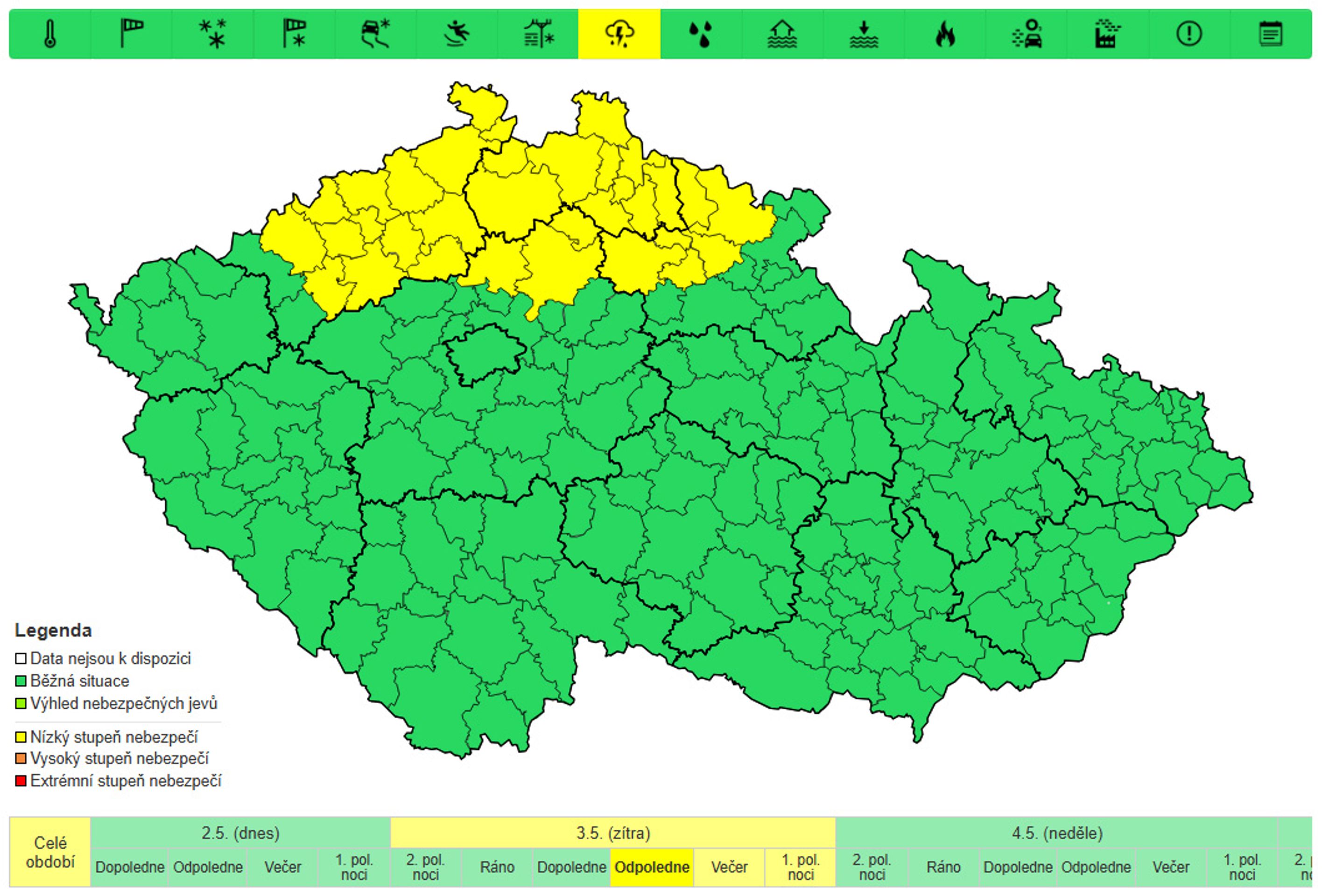 Výstraha před bouřkami, 3. 5. 2025 odpoledne - Výstraha před bouřkami (1/3)