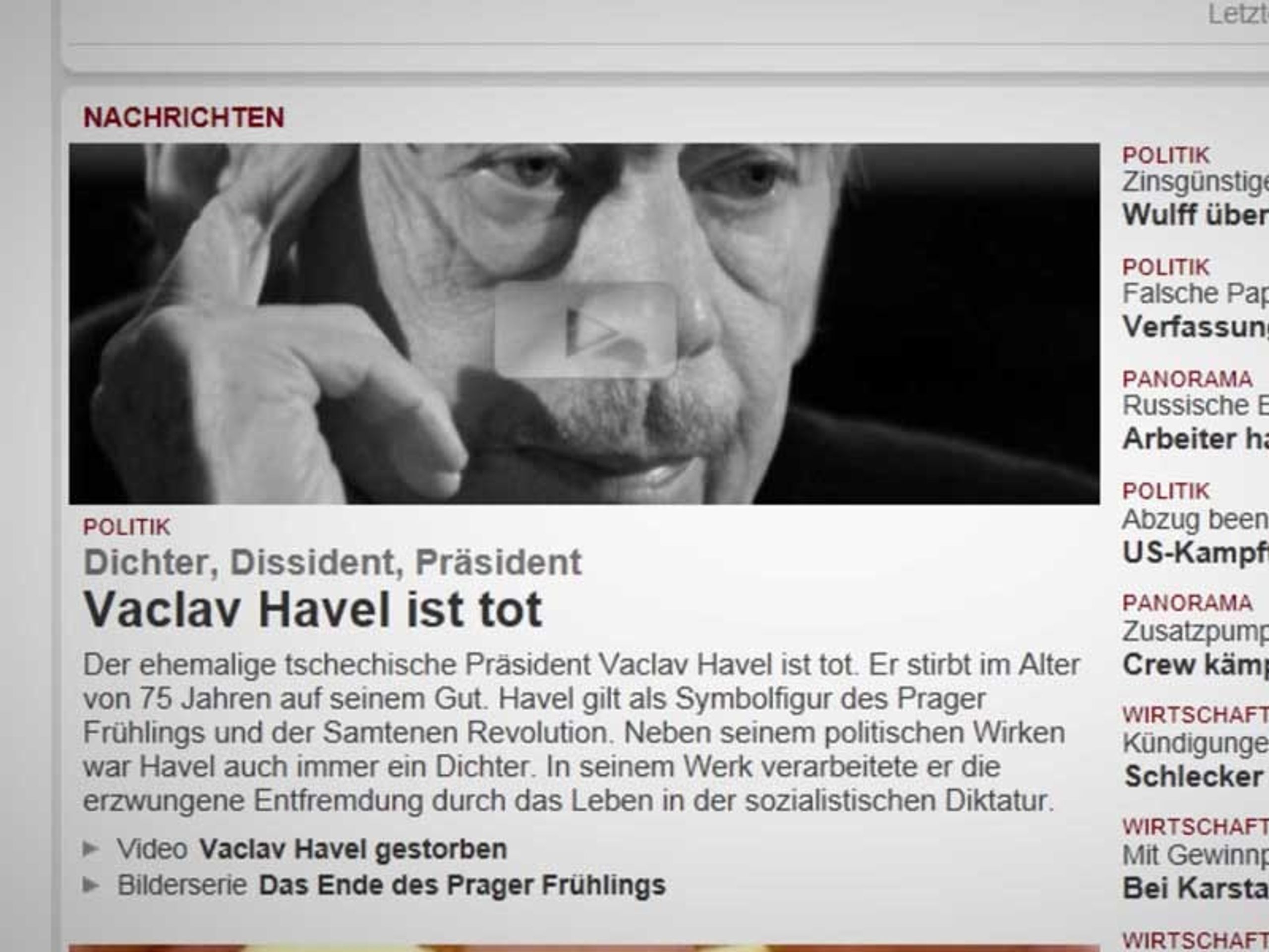 Zpravodajské servery reagují na úmrtí Václava Havla - 7 - GALERIE: Zpravodajské weby informují o úmrtí Václava Havla (8/12)