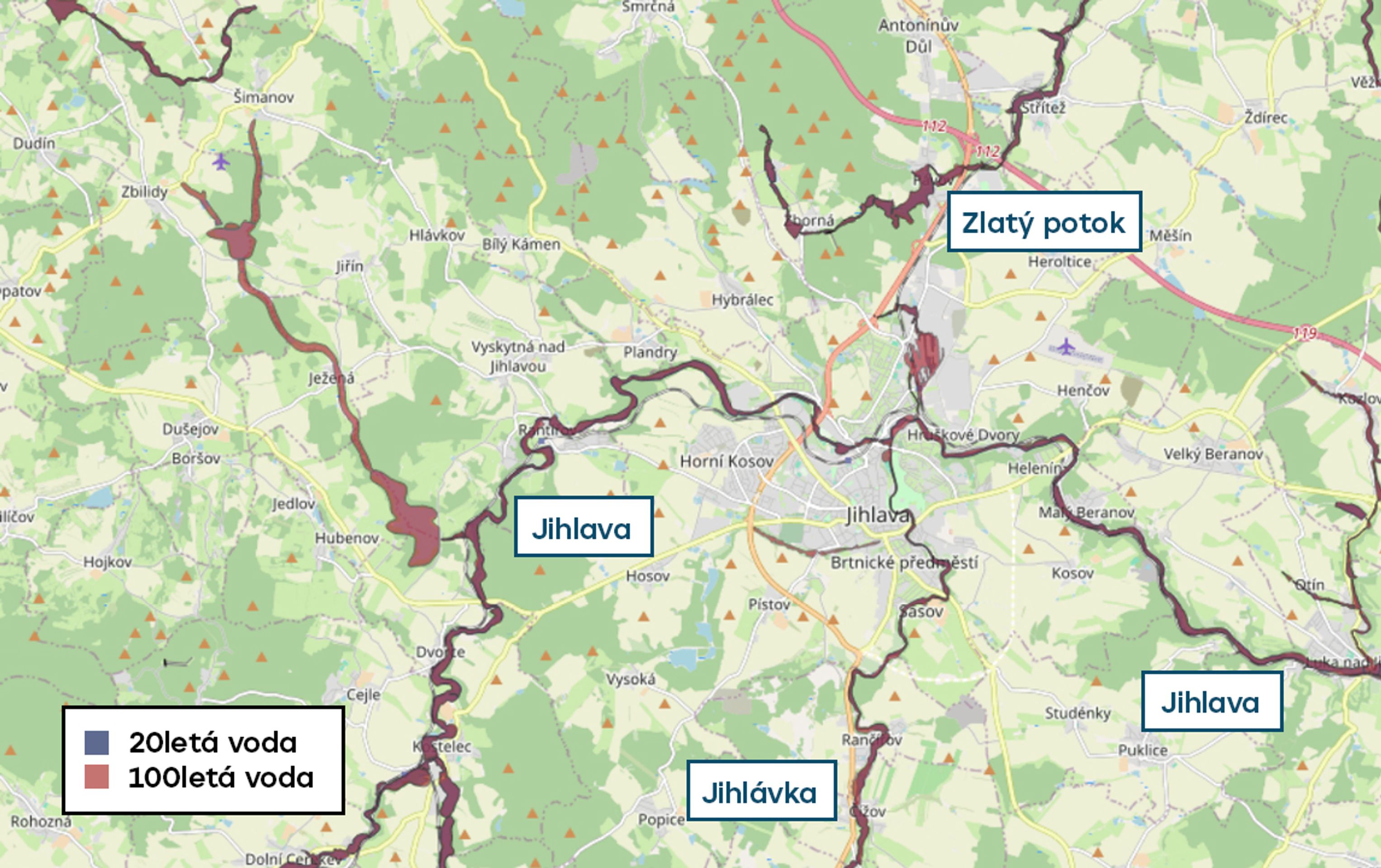 Povodňové mapy - Jihlava - 20letá a 100letá voda (7/20)