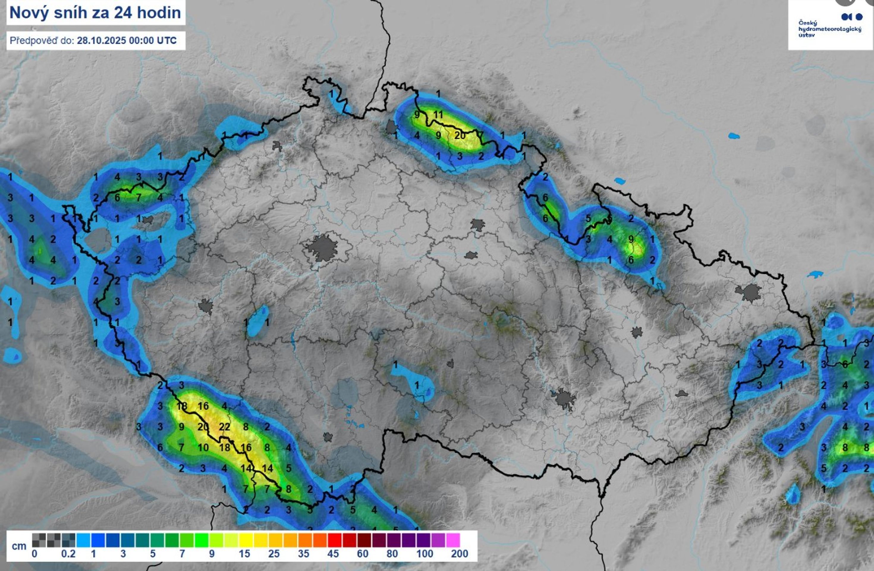Nový sníh za pondělí - Mapy ČHMÚ (1/4)