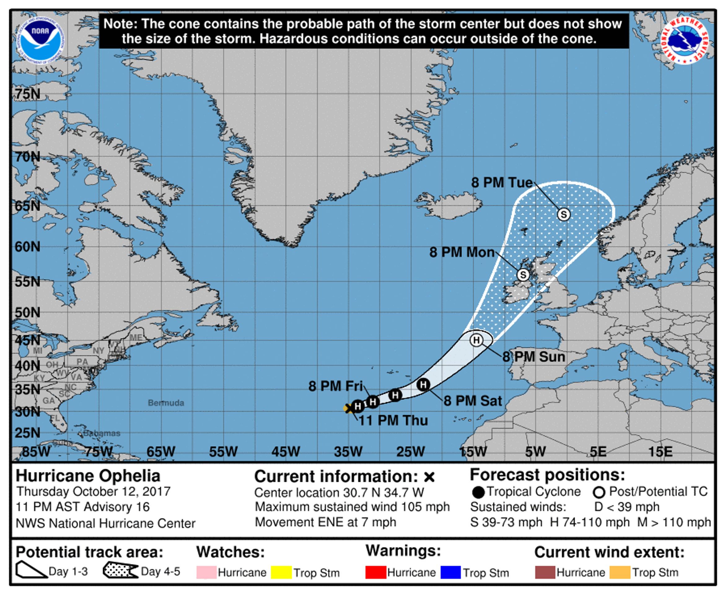Předpověď postupu hurikánu Ophelia - GALERIE: Hurikán Ophelia se blíží k Evropě (1/3)