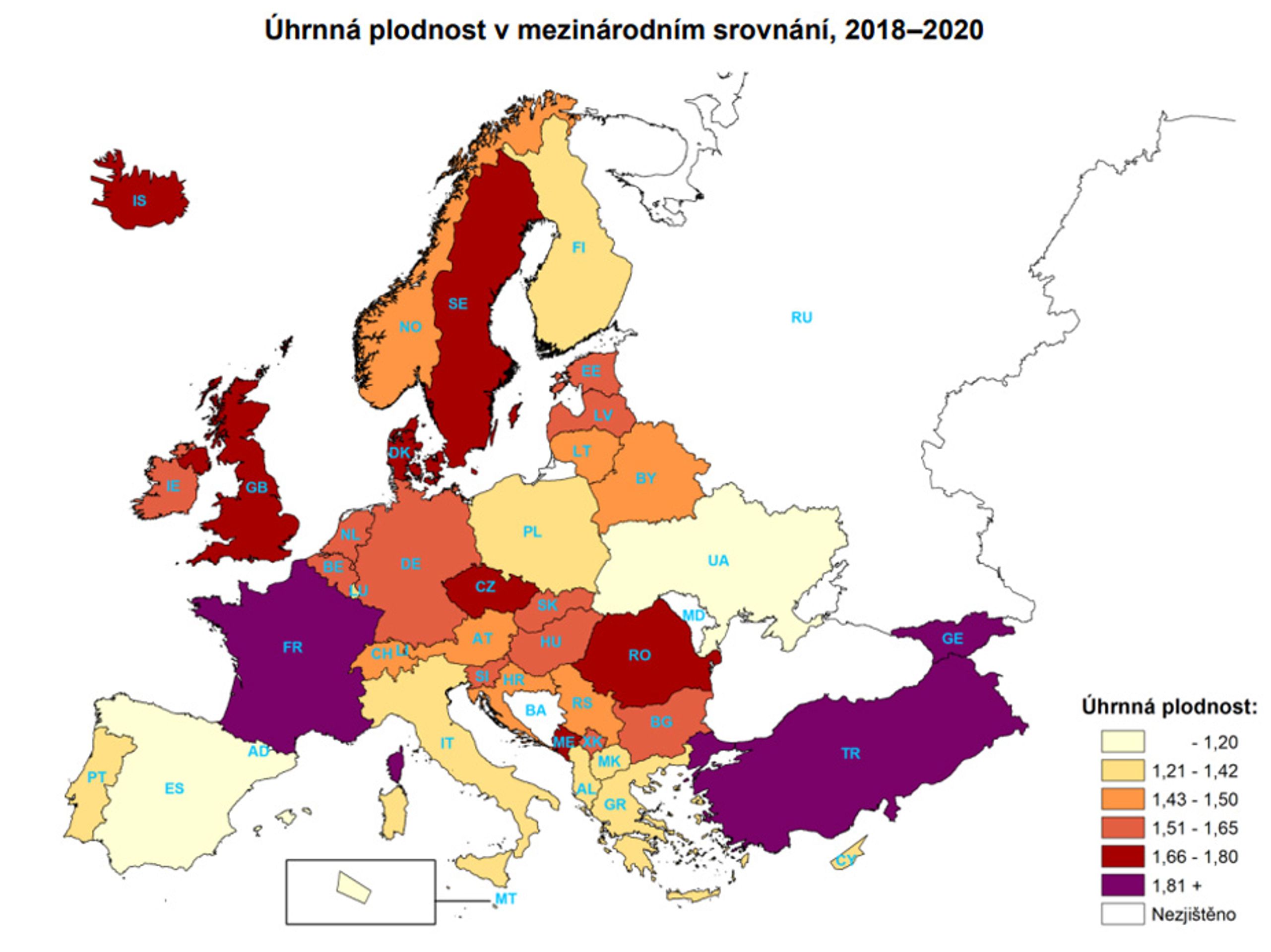 Graf - Úhrnná plodnost v mezinárodním srovnání - Plodnost vzrostla (3/6)