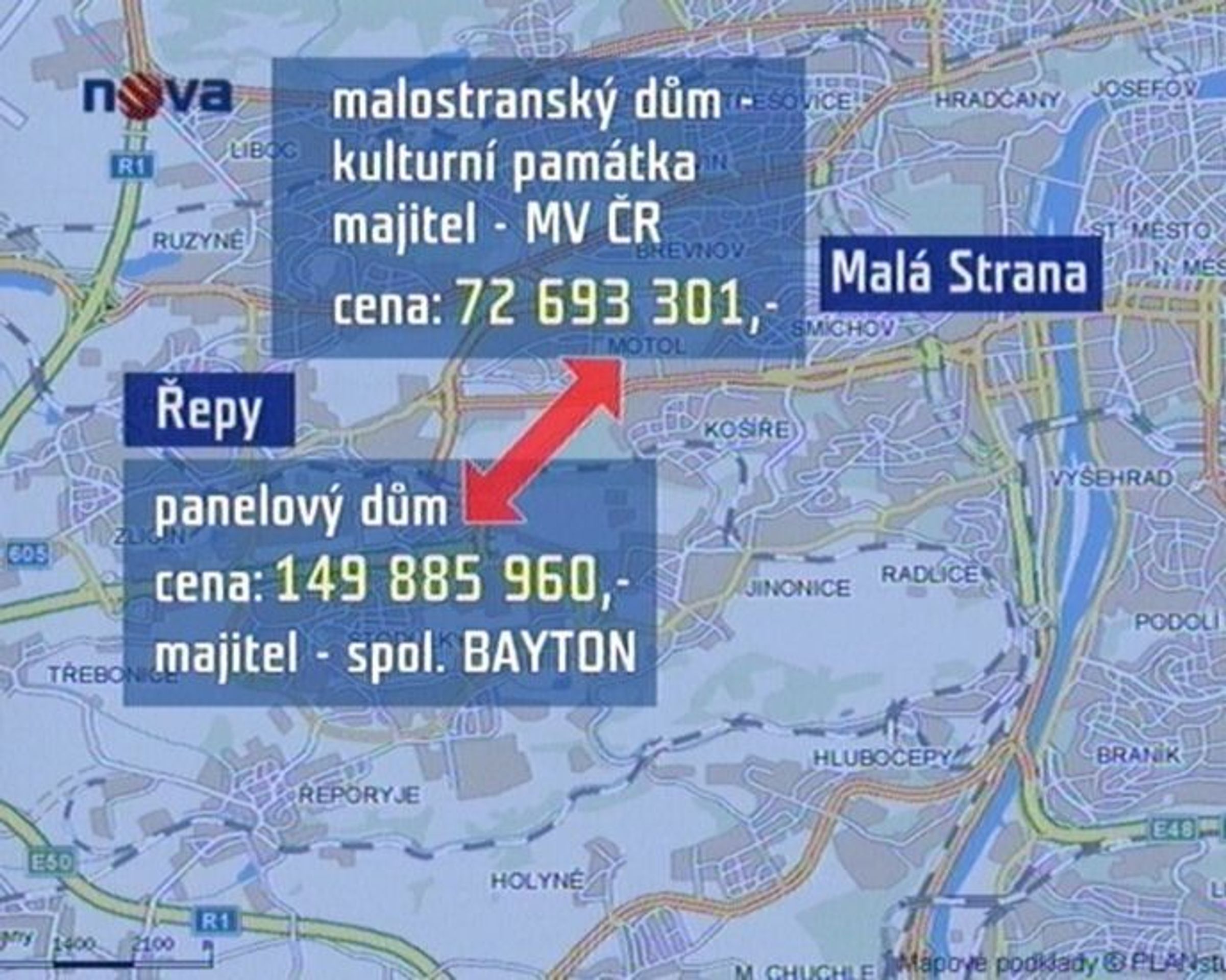 Graf znázorňuje majetkový převod nemovitostí.  - Výměna paláce za panelák: ministr vnitra podá žalobu k soudu (1/2)